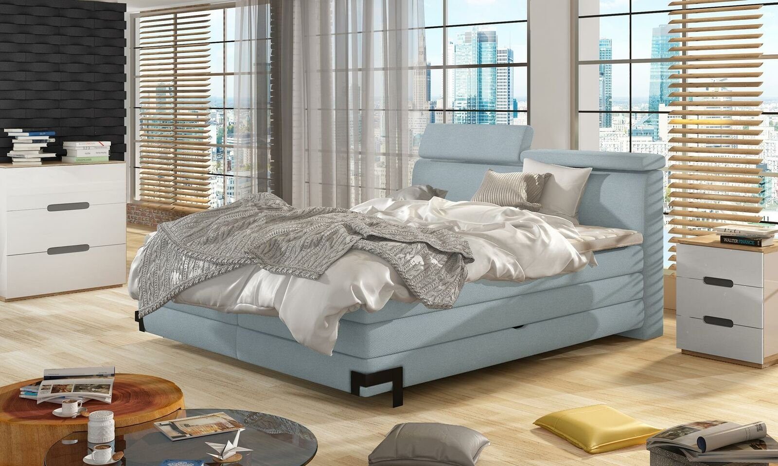 JVmoebel Bett, Designer Bett Schlafzimmer Betten Textil Luxus Polster Boxspringbett Blau