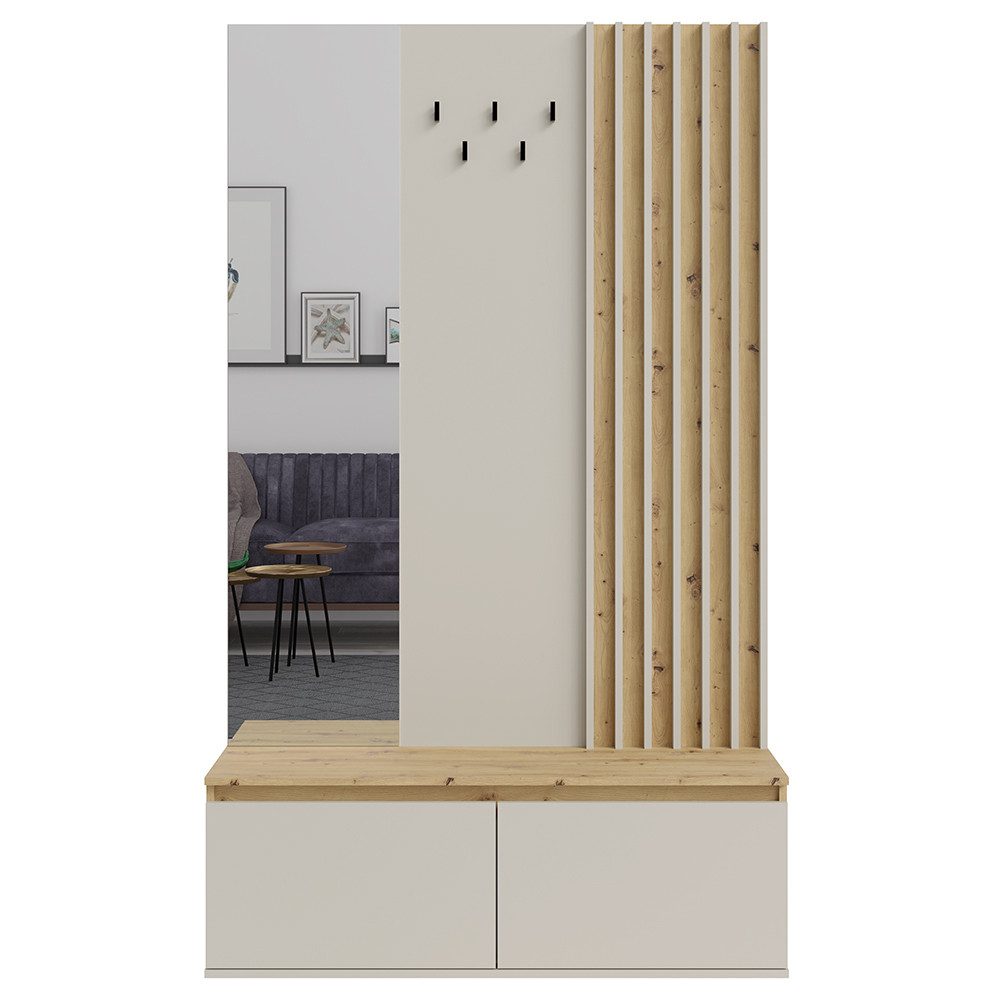 Lomadox Garderobe DAVIS-166, Eiche Dekor Kaschmir Lamellen 120 cm Spiegel Paneel Schuhbank