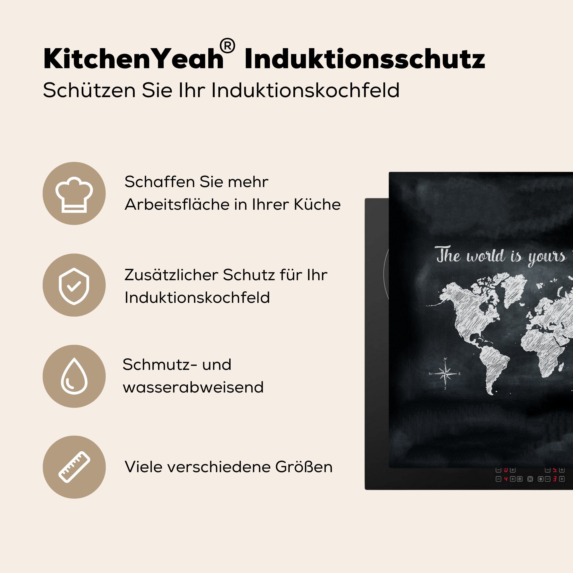 MuchoWow Herdblende-/Abdeckplatte Weltkarte - Arbeitsplatte Ceranfeldabdeckung, für küche tlg), 78x78 Vinyl, (1 Zitat, cm, Blackboard 