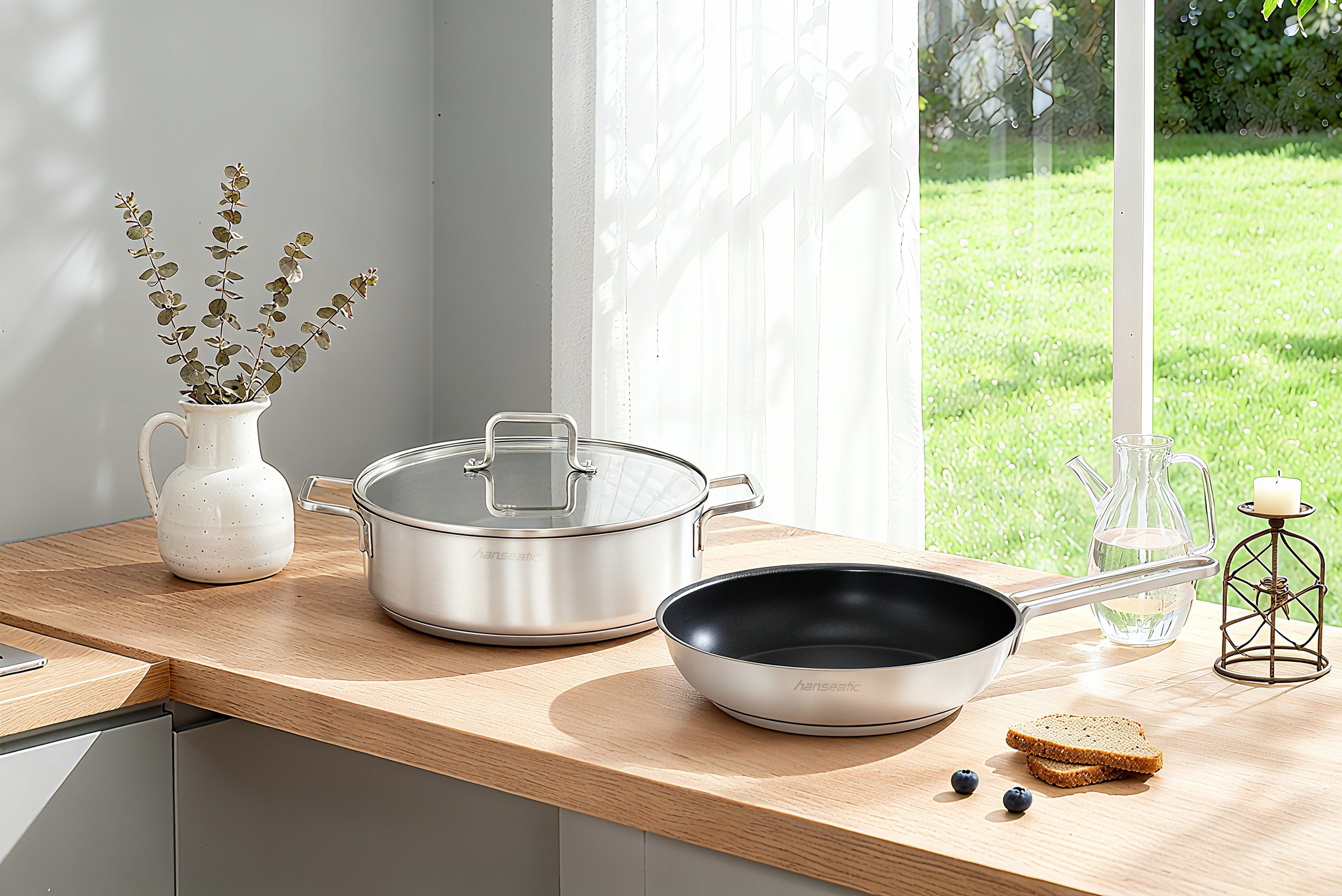 Hanseatic Pfannen-Set DAILY, Edelstahl 18/10 (Set, 3-tlg., 1x Pfanne 24 cm, 1x Servierpfanne 28 cm mit Deckel), mit Antihaftbeschichtung, für alle Herdarten, Induktion