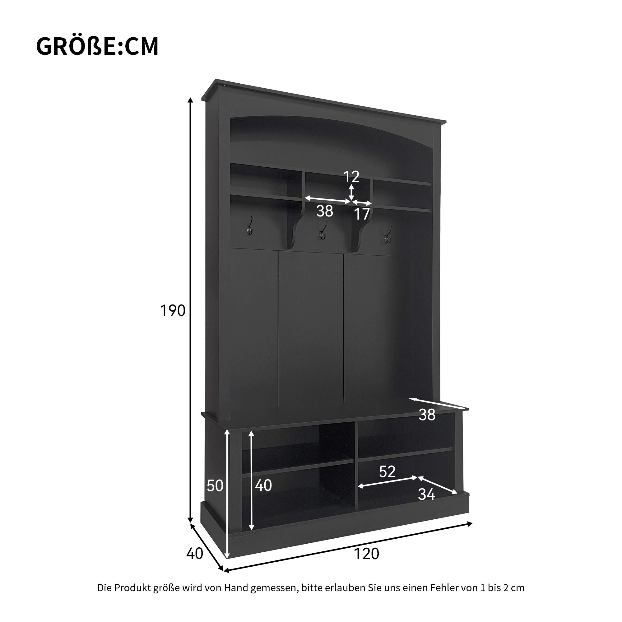 Merax Garderoben-Set mit Bank & Schuhablage, (1-St., H190/B120/T40 cm), Flurgarderobe mit 3 Haken, offenem Stauraum & verstellbaren Regalböden – Bild 3 von 5