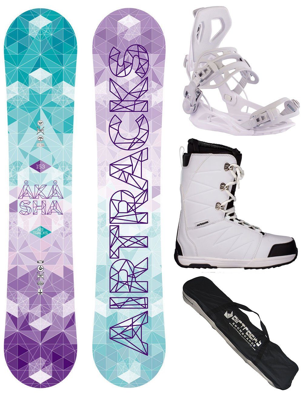 Airtracks Snowboard Damen Snowboard Set Akasha Zero Rocker »Mod. 22/23 (4er-Pack, 4 St), Snowboard + Bindung Master W + Boots + SB Bag / 144 147 150 153 cm