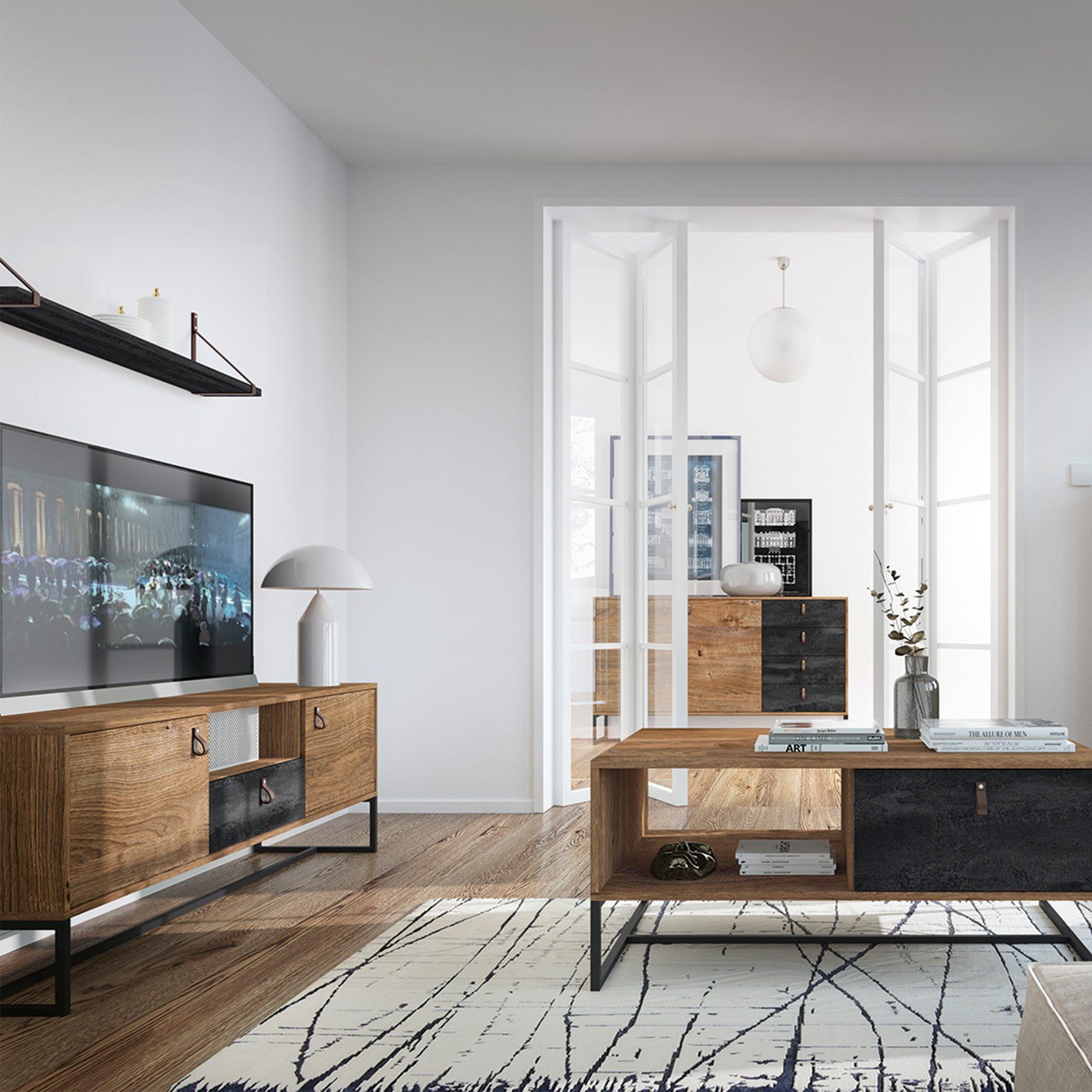 MOEBLO Highboard BENO BWT93 (Schrank für Wohnzimmer mit Türen Vitrinenschrank Glasvitrine, Gehärtetes Glas Griffe aus Leder und Füße aus Metall Vitrine Sideboard), (BxHxT): 93x133x39cm
