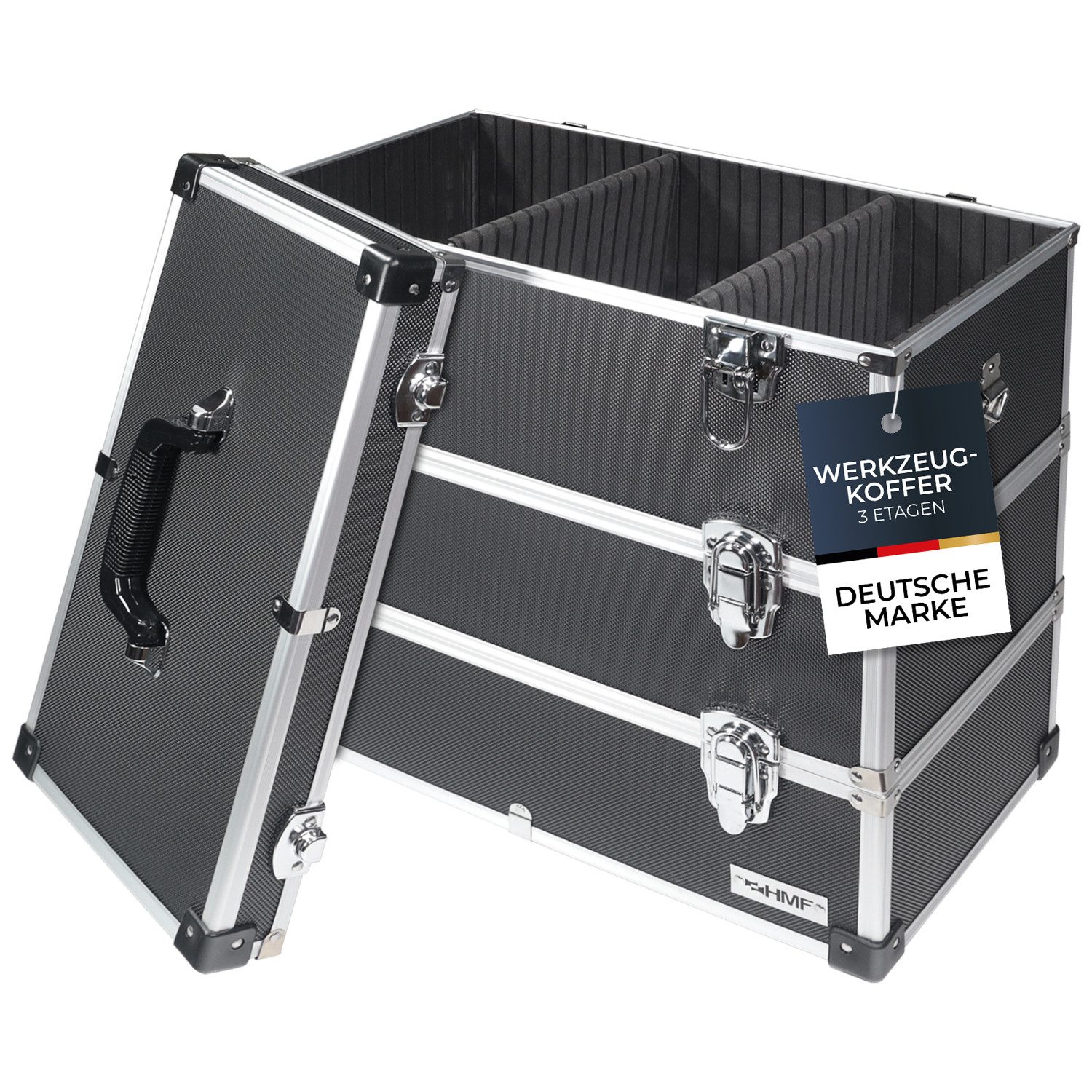 HMF Werkzeugkoffer geräumiger Utensilien Koffer mit Trennwänden, Transportkoffer, für Werkzeug, Angel Sachen und Kosmetik, 44x45x24 cm, schwarz