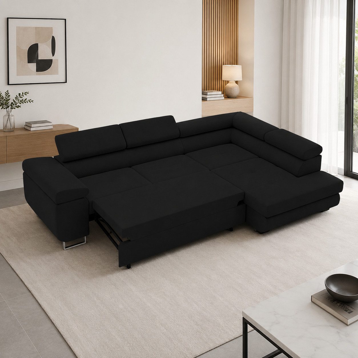 Goldstoff Ecksofa mit Schlaffunktion & Bettkasten - hochwertiges Sofa, Couch mit Schlaffunktion für Wohnzimmer - Schlafsofa - Eckcouch, Eckcouch mit praktischem Bettkasten in schwarz