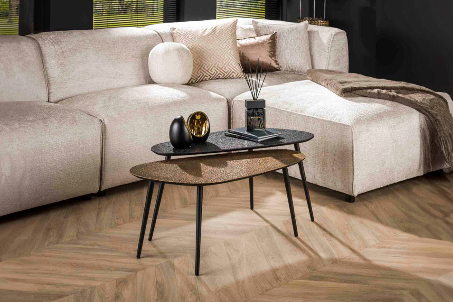 KAWOLA Couchtisch LAUCA (Set, 2-St), Metall schwarz / bronze nierenförmig