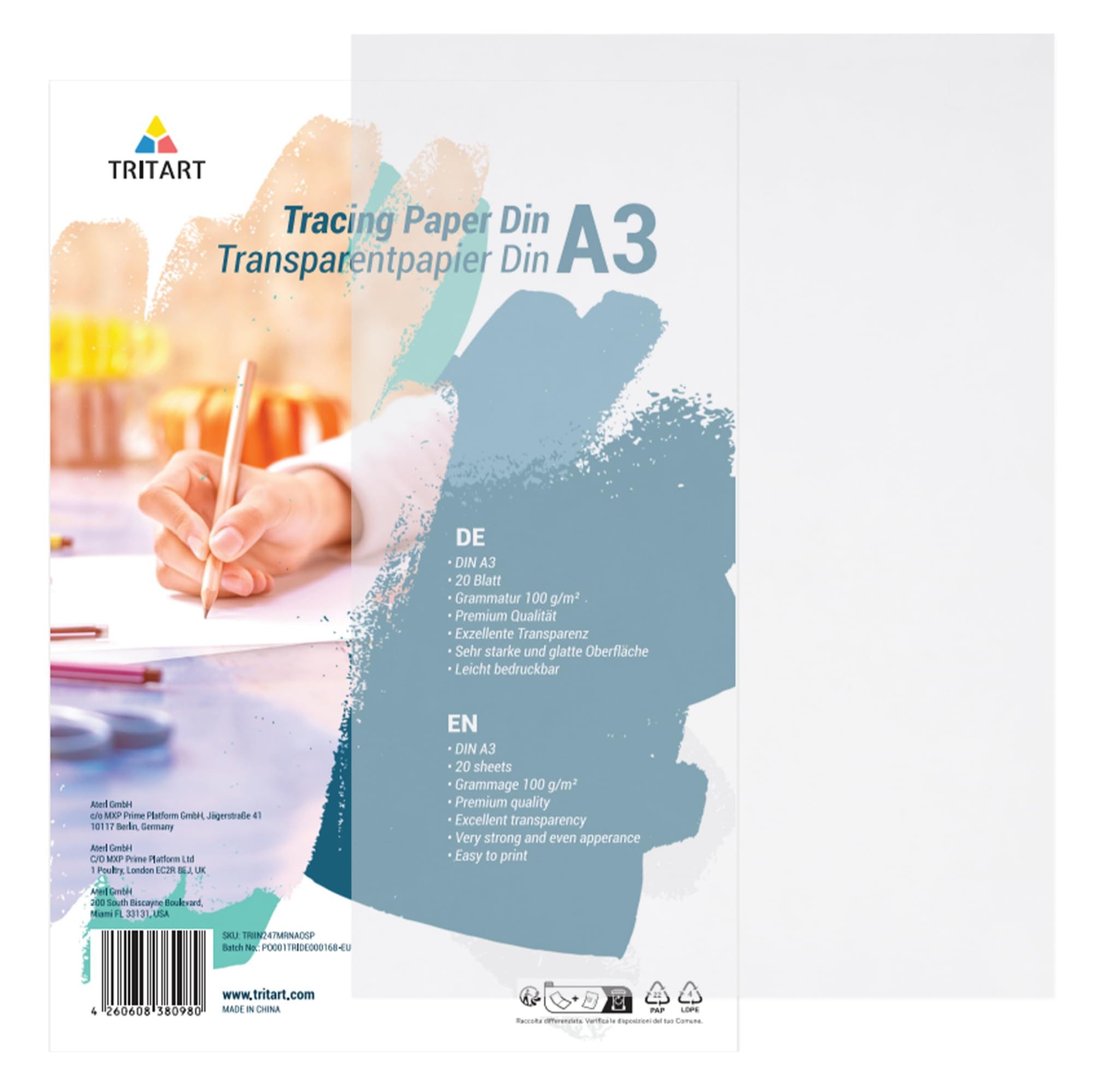 Tritart Transparentpapier Transparentpapier Bedruckbar Weiß DIN A3 Abpauspapier zum Bedrucken, Pergamentpapier 20 Blatt 100g/m² Transparent Papier Bögen