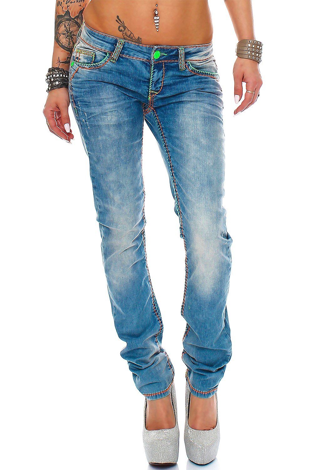 Cipo & Baxx 5-Pocket-Jeans Cipo & Baxx Damen Jeans BA-CBW0445 Neon Farbige  Akzente Stonewashed mit Kontrastnaht