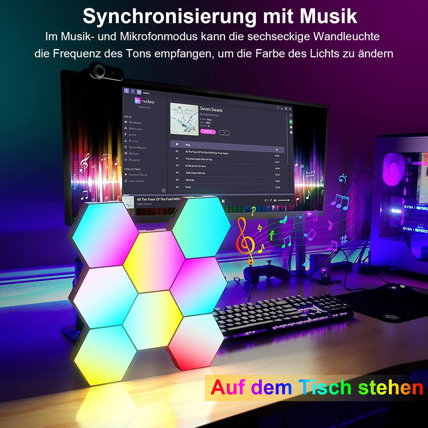 Rosnek Deko, Wandleuchte Musiksyn, RGB, LED Sechseck, Schlafzimmer für Wand Spielzimmer RGBCCT Smart,