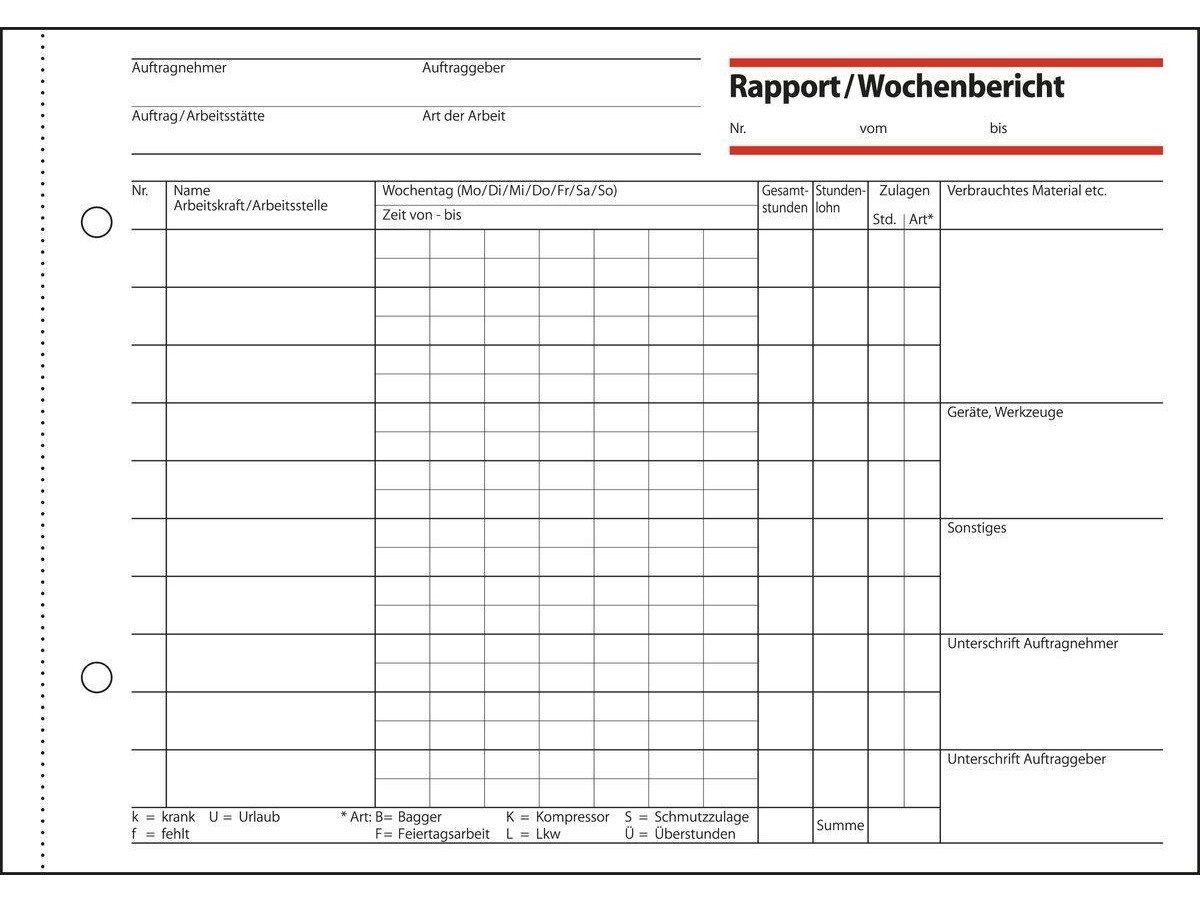 Sigel Formularblock Rapporte Wochenberichte A5 quer 100 Blatt mit Blaupapier, mit Blaupapier