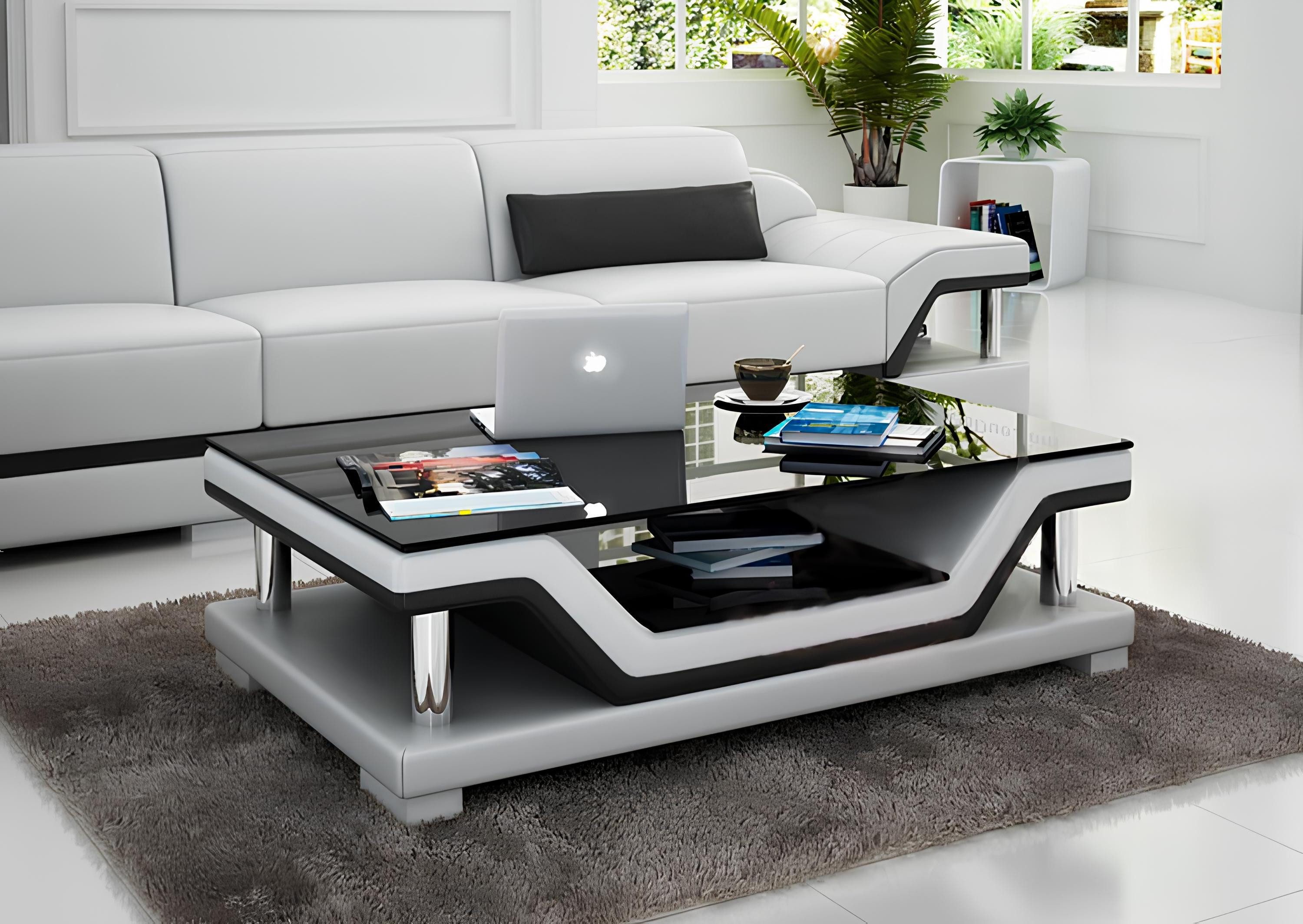 Xlmoebel Couchtisch Designer-Couchtisch aus Leder und Glas mit eleganter Linienführung (Couchtisch Modell " SB 3009), Hergestellt in Europa