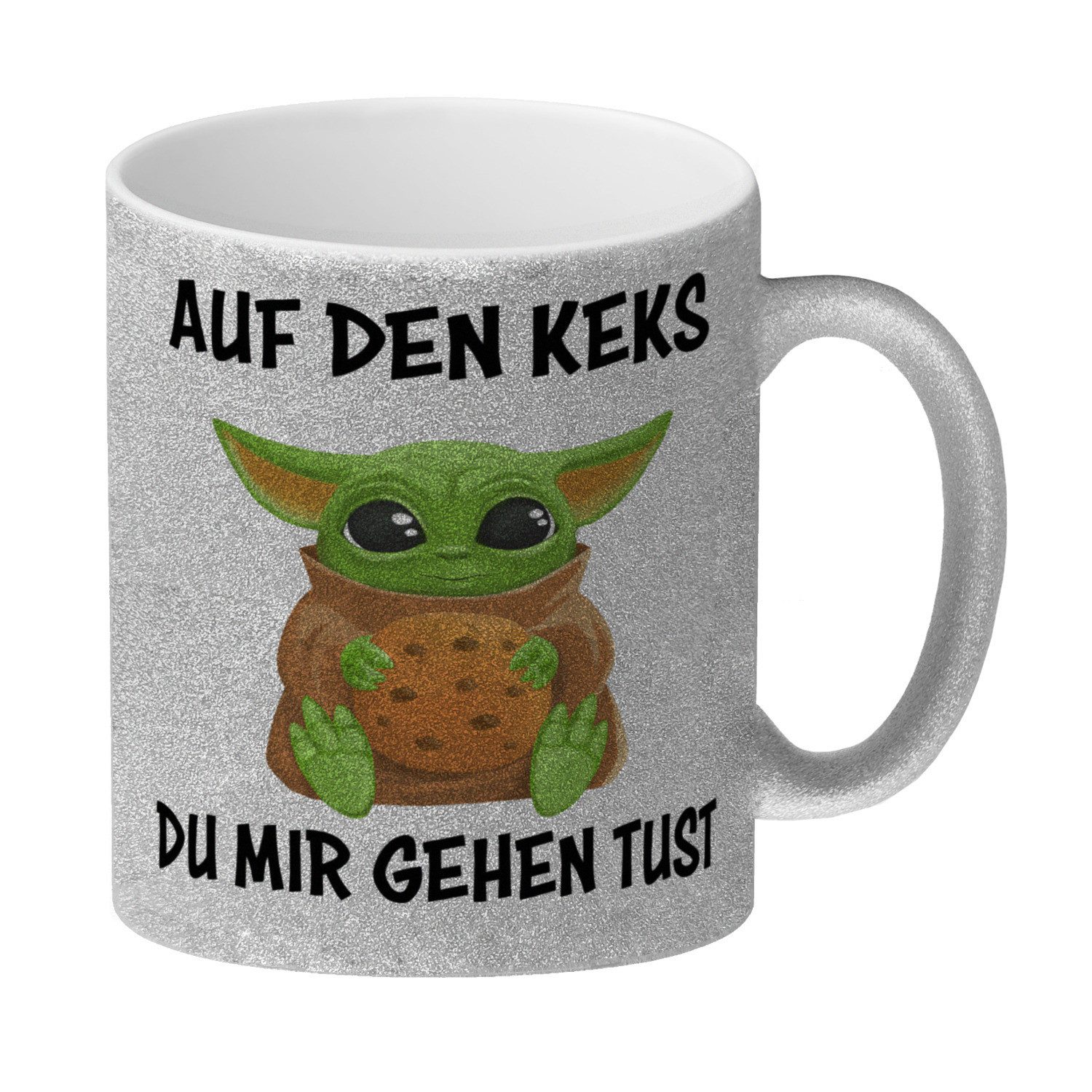 Tasse Baby Alien Glitzer Kaffeebecher mit Spruch Auf den Keks du mir gehen