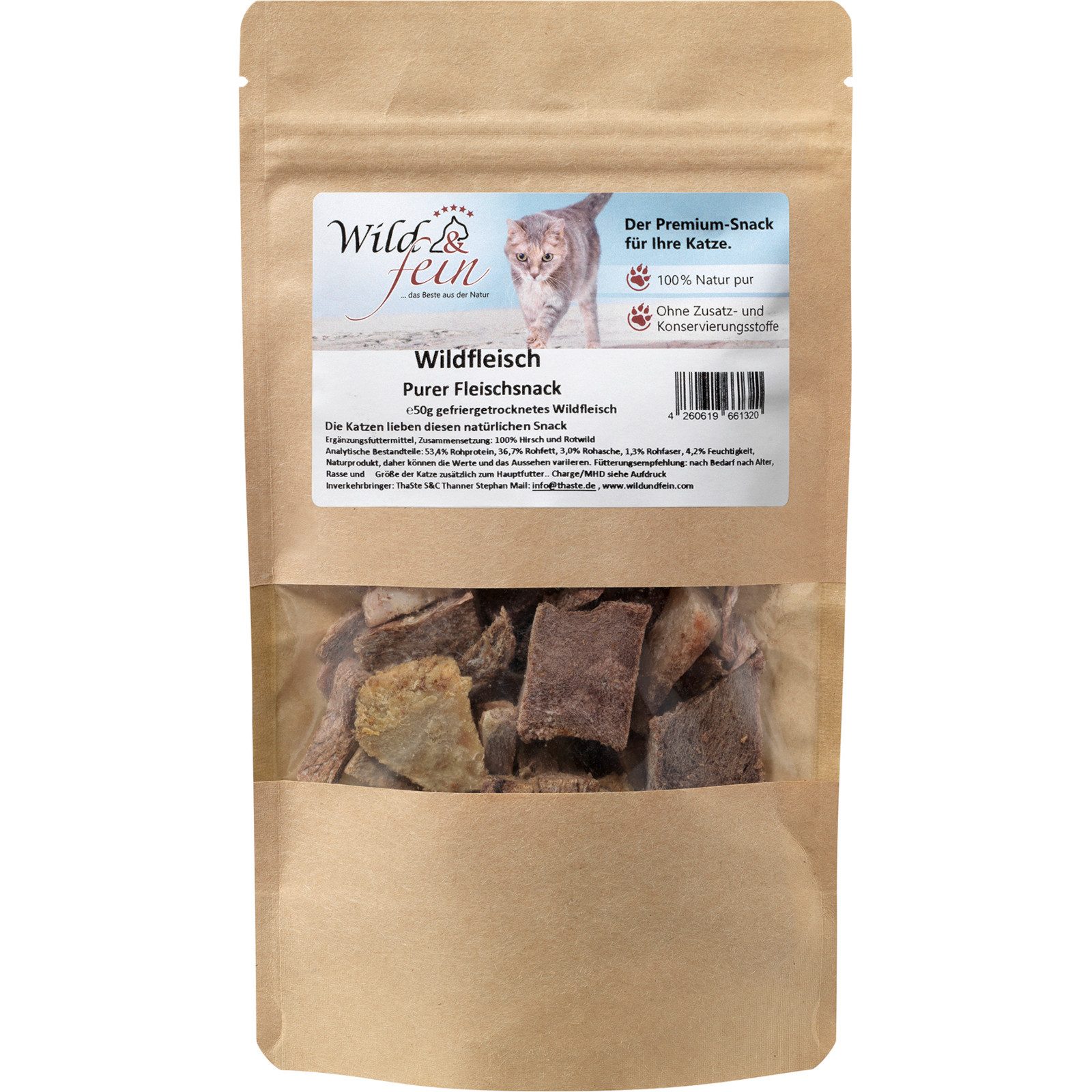 Wild & Fein Wildfleischsnack für Katzen, gefriergetrocknet, 50g, Snack für: Katze