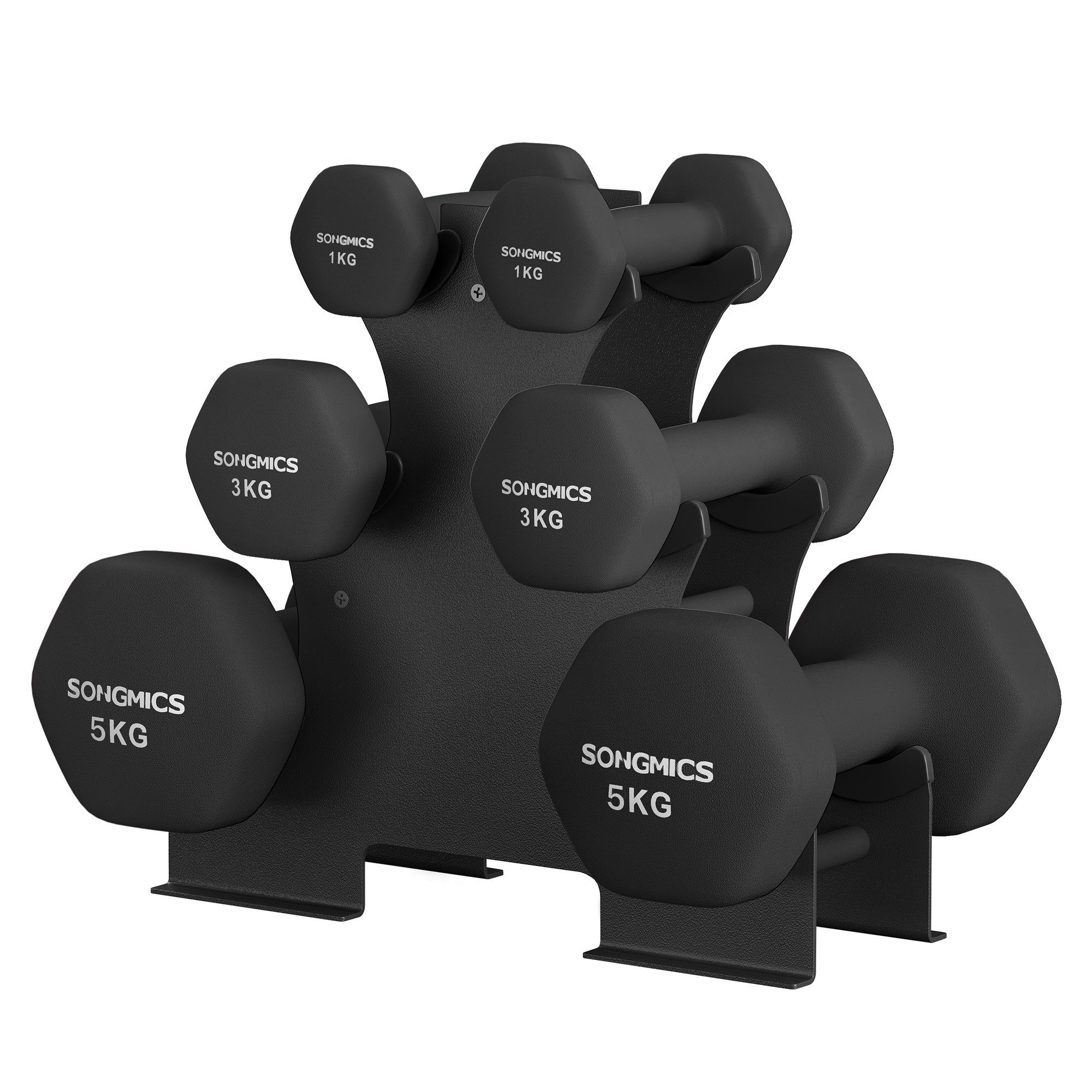 SONGMICS Kurzhantel Set, Hexagon, 2 x 1 kg, 2 x 3 kg, 2 x 5 kg, Krafttraining, zu Hause, mattes Finish, Neopren-Beschichtung, schwarz