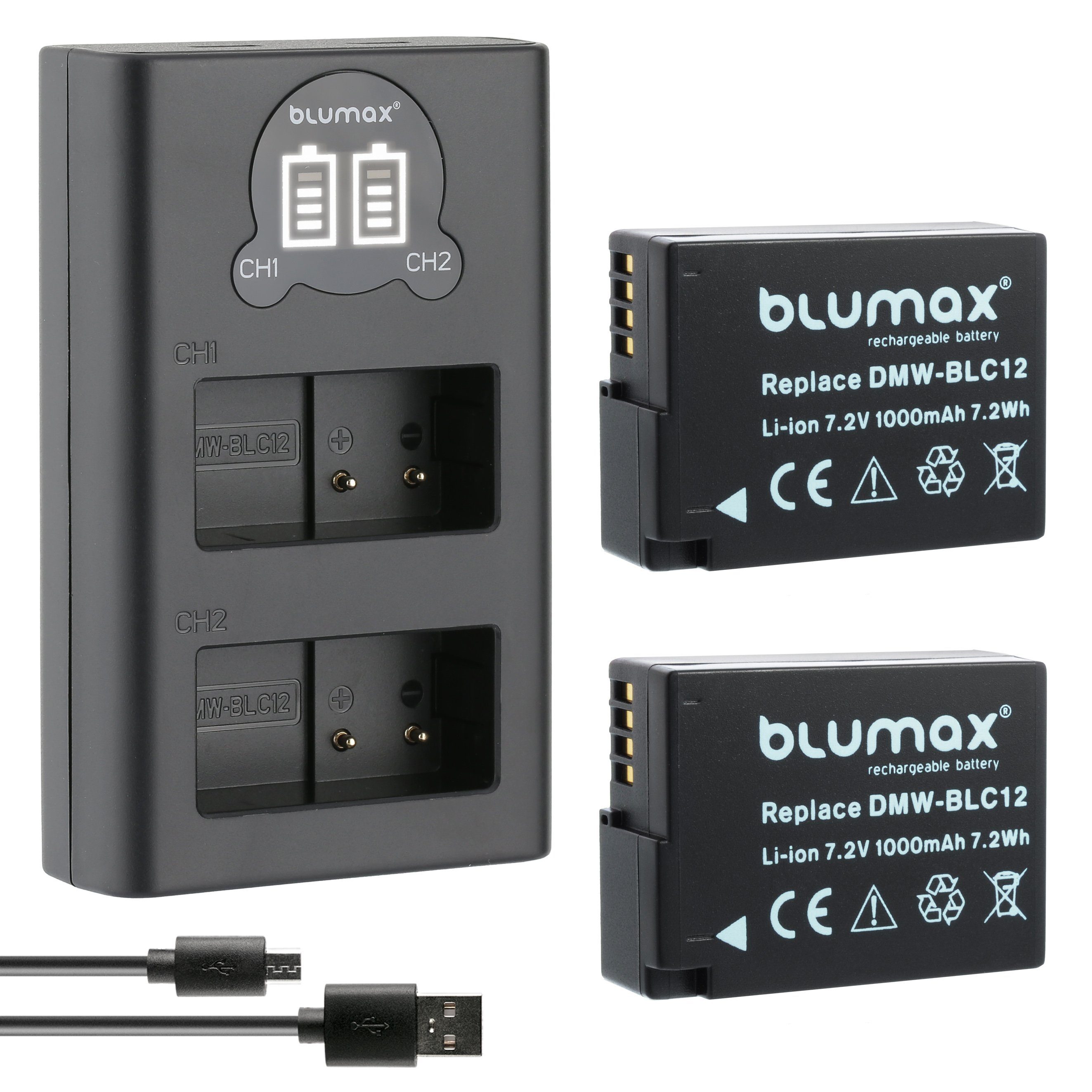 Blumax Set mit Lader für DMW-BLC12 1000 Kamera-Akku mAh7,2V Panasonic