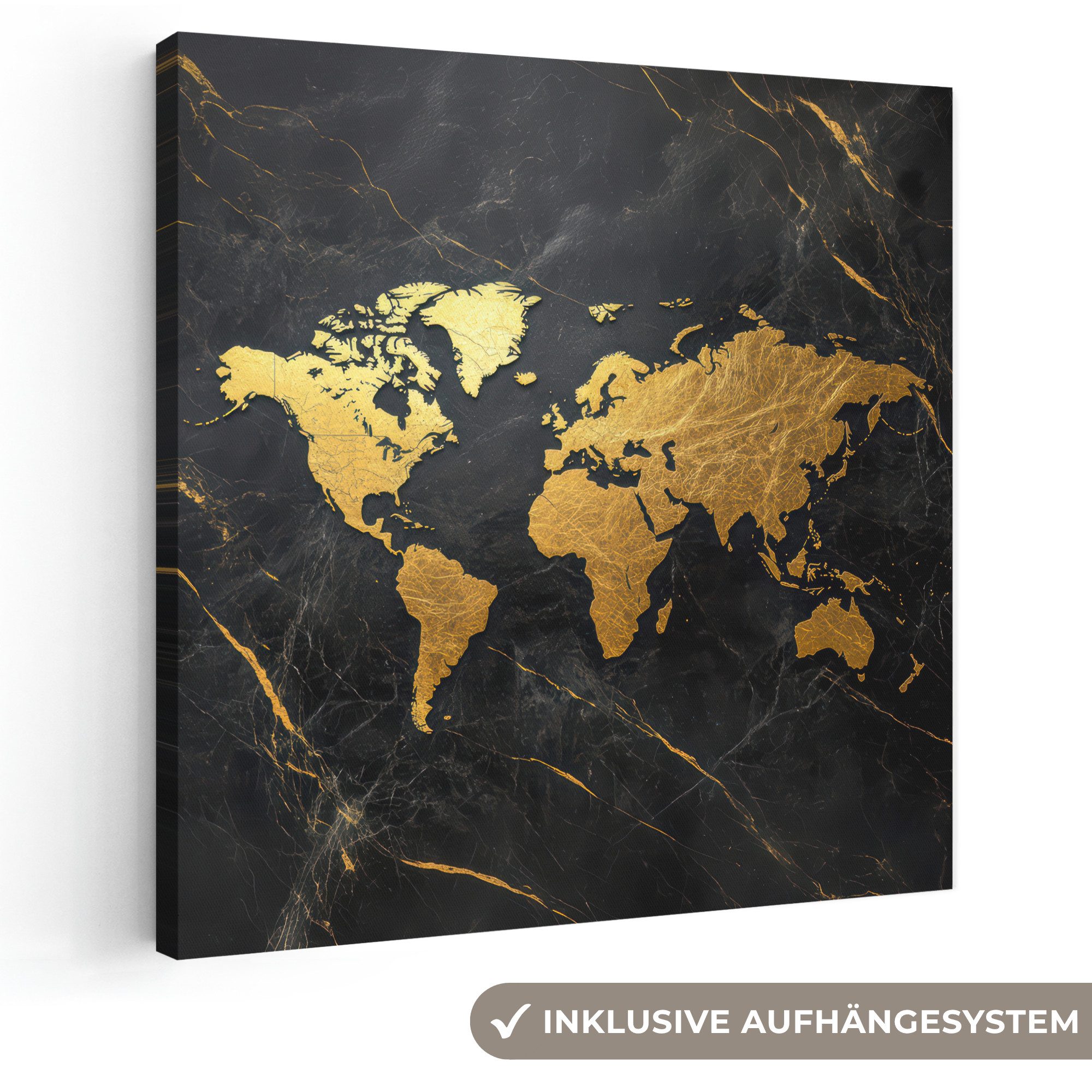 OneMillionCanvasses® Leinwandbild Weltkarte - Gold - Marmor, Fotodruck (1 St), Wandbild, Deko Schlafzimmer Wohnzimmer Flur 20x20 cm