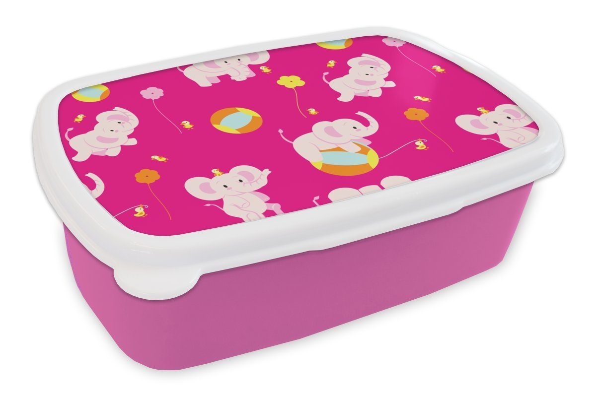 MuchoWow Lunchbox Elefant - Blumen - Muster, Kunststoff, (2-tlg), Brotbox für Erwachsene, Brotdose Kinder, Snackbox, Mädchen, Kunststoff rosa
