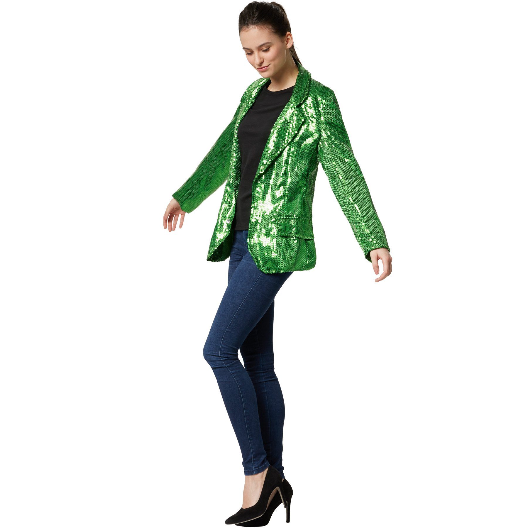 dressforfun Blouson Kurzjacke, Für viele Outfits und Anlässe, Ziertaschen an den Seiten (Bundjacke, Konfektionsgröße XXL in grün) Damen-Jackett mit glitzernden Pailletten, Kragen & Knopf zum Schließen