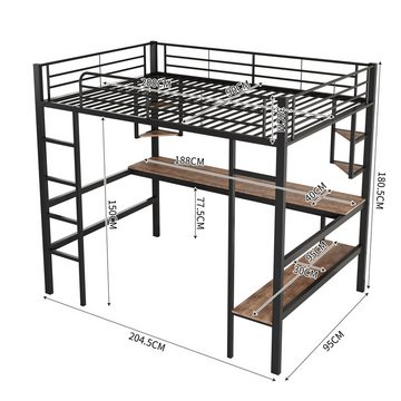 Welikera Metallbett 90x200cm Bettgestell Metallbett, Eisenbett mit Schreibtisch,Hochbett, mit 4 kleinen Regalen,einem großen Bücherregal,Schwarz