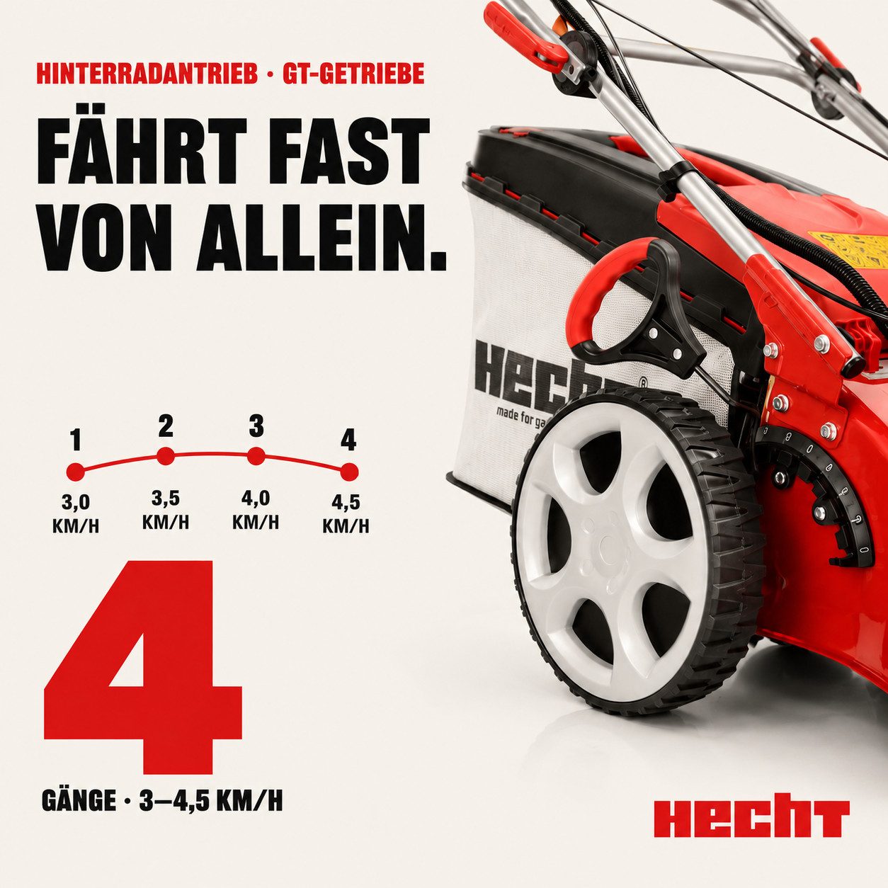 Hecht Benzinrasenmäher mit Antrieb Elektrostart 5in1 Funktion, 4Gänge, bis 4,5km/h, 51 cm Schnittbreite, 4,4 kW / 6 PS, Mulchkit, Seitenauswurf, Zerkleinern – Bild 5 von 5