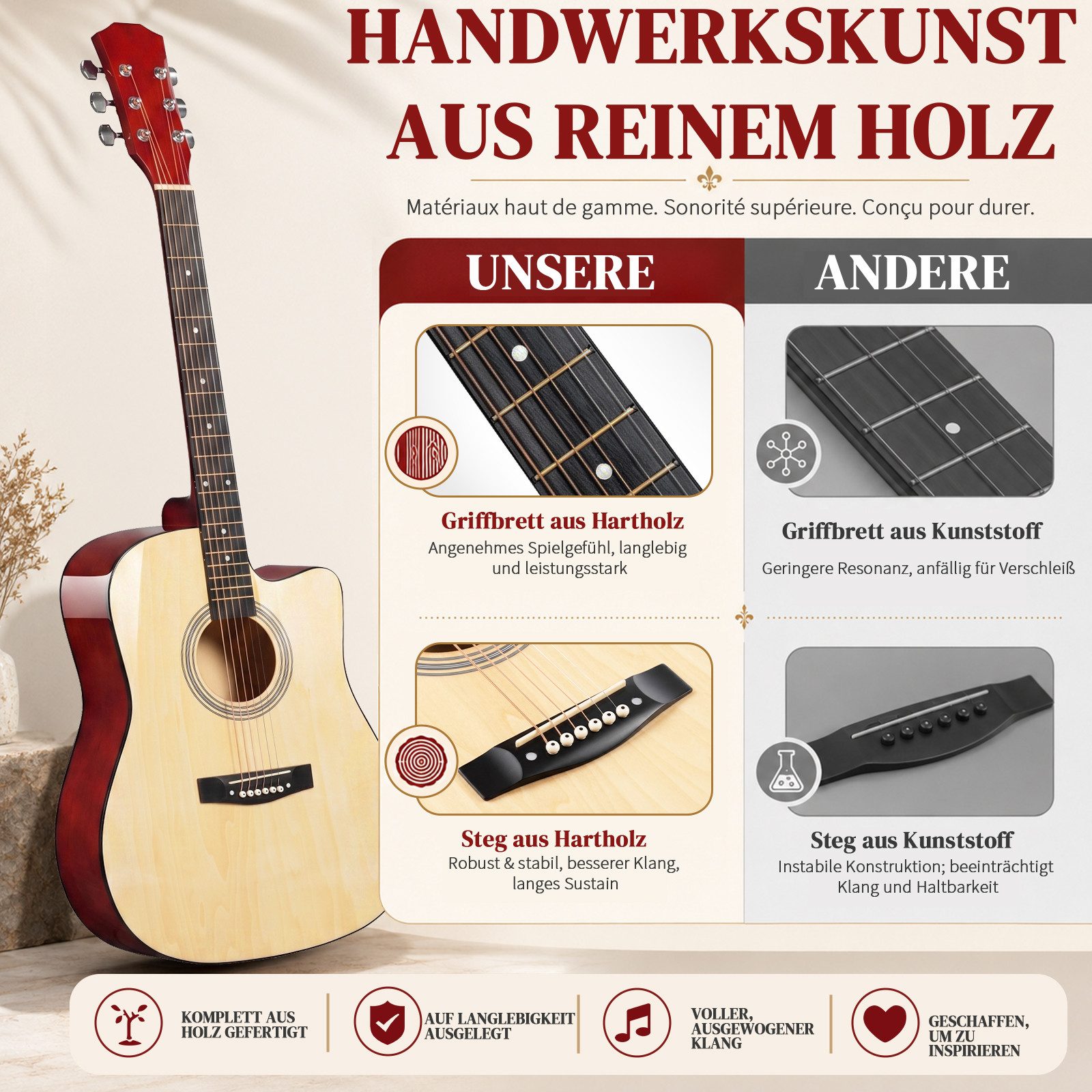 LALAHO Akustikgitarre 41 Inch Hartholz Cutaway mit Griffbrett,Konzertgitarre Westerngitarren, Set inkl. Tasche, Ersatzsaiten, Gurt und Plektren – Bild 2 von 5