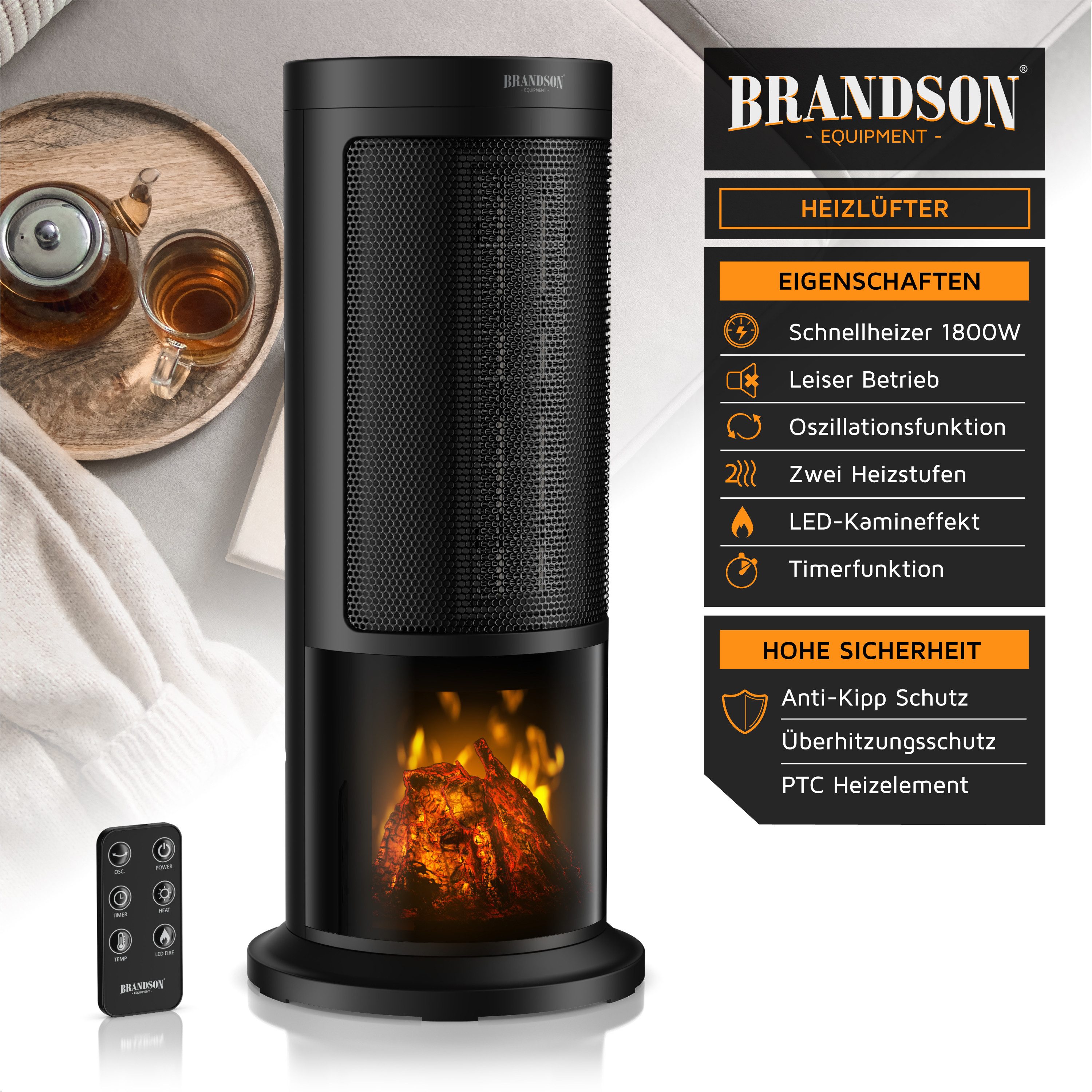 Brandson Heizlüfter mit Kaminfeuer-Effekt, Heizgerät, Timer, günstig online kaufen