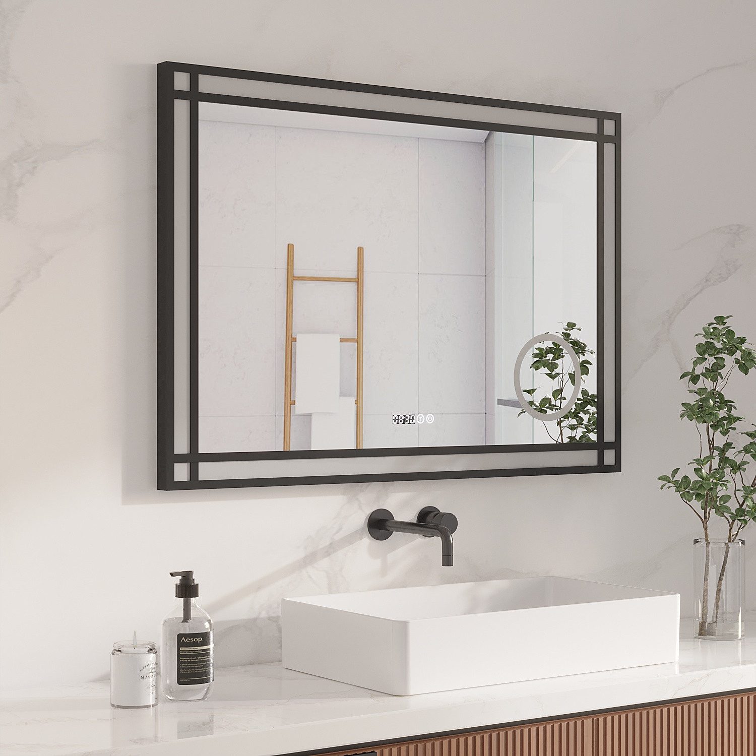 AQUABATOS LED-Lichtspiegel Badezimmerspiegel LED Badspiegel mit Beleuchtung 3-fach Vergrößerung, Kosmetikspiegel,mit Touch,Digitaluhr,Beschlagfrei,Kaltweiß,Wandspiegel