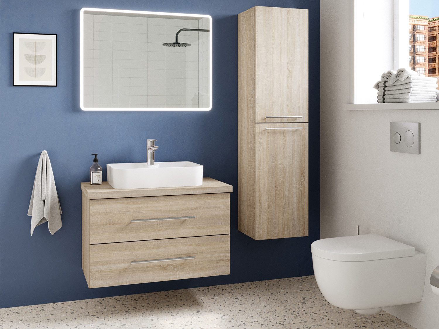 Aqua Bagno Badmöbel-Set Badmöbel-Set Flex 80 cm Eiche Gold mit 50cm Keramikbecken&Trägerplatte, (vormontiert, 3-St., Badmöbelschrank melaminbeschichtet, Trägerplatte, Keramikwaschbecken), einfache Montage, Skandi
