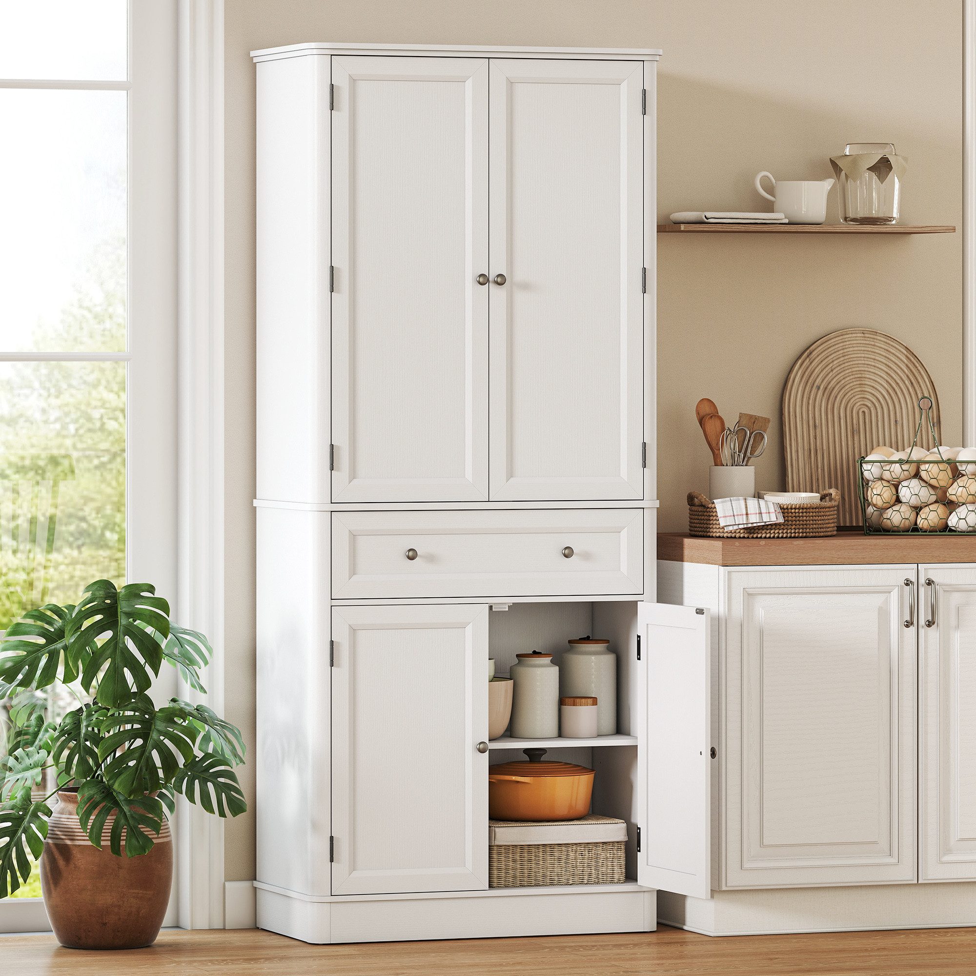 HOMCOM Hochschrank Buffetschrank mit 4 Türen, Schublade, verstellbaren Einlegeböden (Küchenschrank, 1-St., Vorratsschrank) für Küche, Esszimmer, Wohnzimmer Weiß, 80 x 39,5 x 186,4 cm
