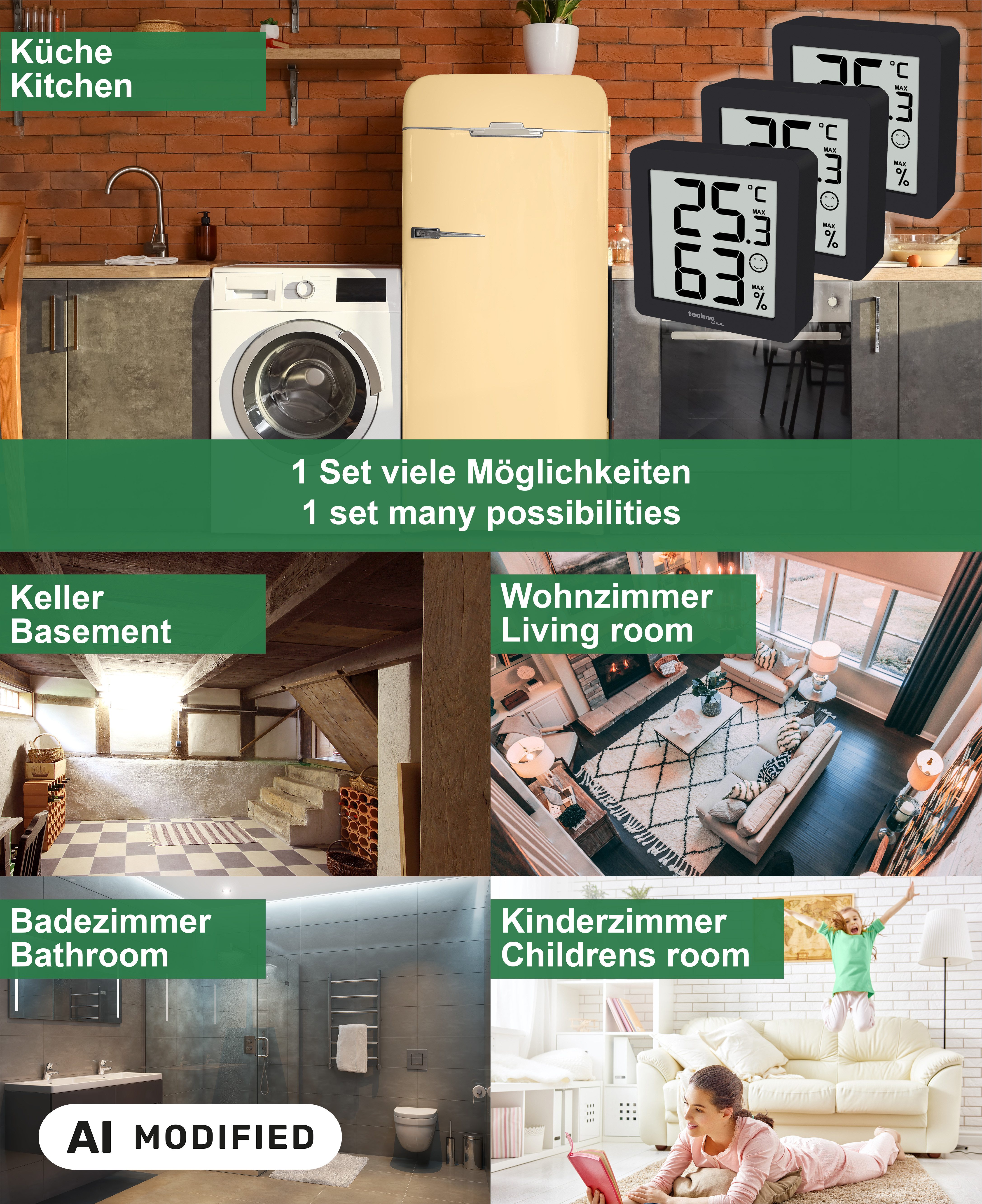 technoline Raumthermometer WS 9425, 2+1 Sparset, 3er Set, mit Raumkomfortanzeige