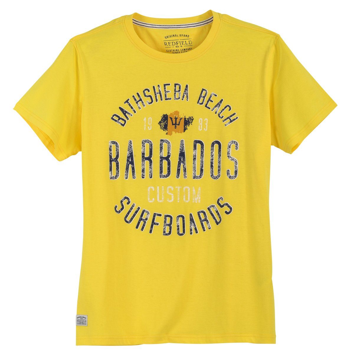 redfield Rundhalsshirt Große Größen T-Shirt sonnengelb Print Barbados Redfield