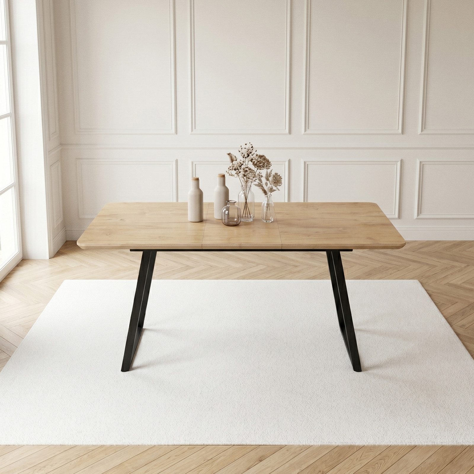 Jiexi Esstisch Esstisch ausziehbar 130-170cm MDF-Platte Eiche mit Metallgestell – Bild 2 von 5