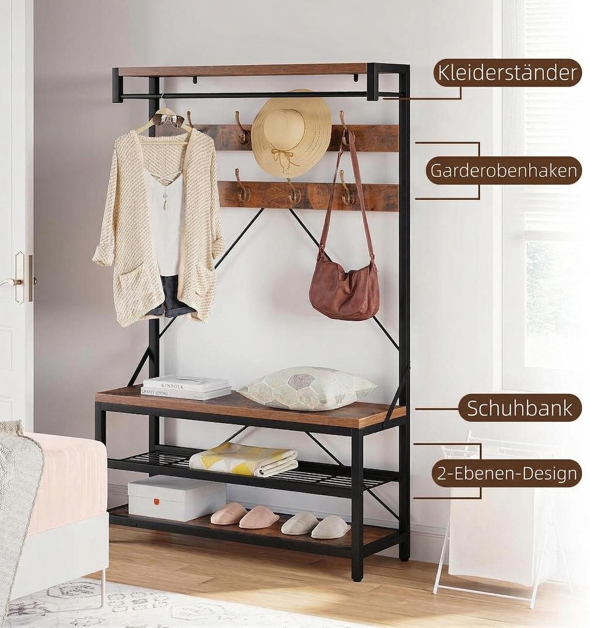 GarveeMore Garderobenständer 4-in-1 mit Sitzbank,3 Etagen Ablage und 8 Haken,183cm, mit Schuhbank,verstellbare Füße,Kleiderstange,101x40x183cm
