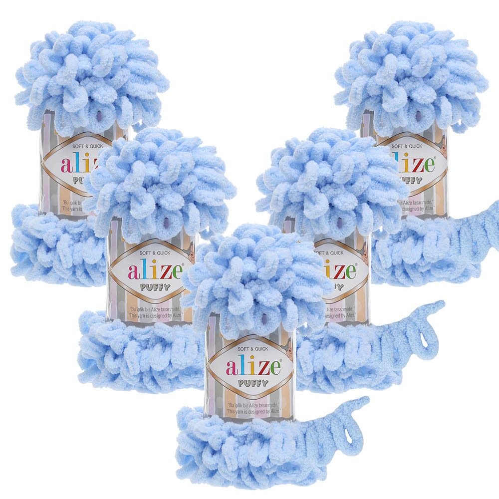 Alize 5 x ALIZE Puffy 183 Light Blue Häkelwolle, 9 m (Wolle), Babywolle Chenillegarn Handstrickgarn Fingerhäkeln Amigurumi