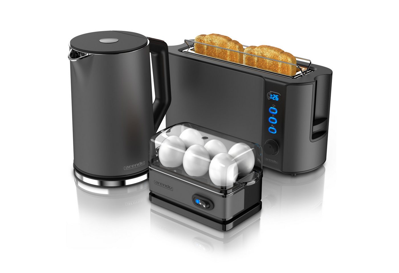 Arendo Frühstücks-Set Edelstahl Wasserkocher 1,5l, Langschlitz Toaster, Eierkocher Cool Grey (3-tlg), BPA-frei, GS-geprüfte Sicherheit, …
