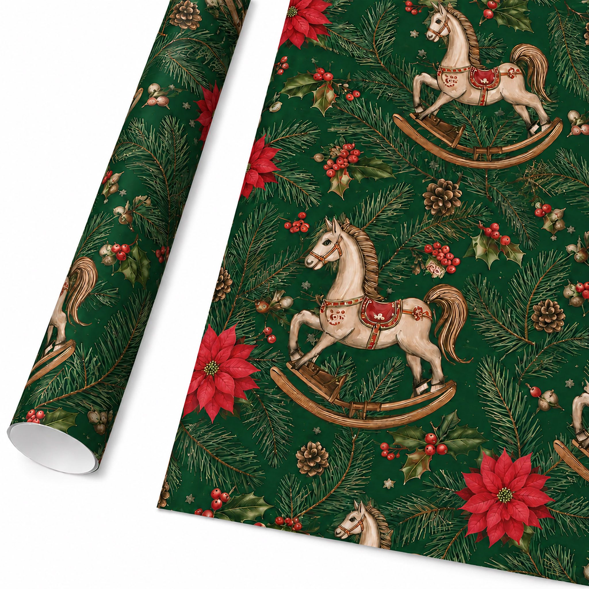 Star Geschenkpapier, Geschenkpapier Schaukelpferd 70cm x 2m Rolle Grün Rot Beige