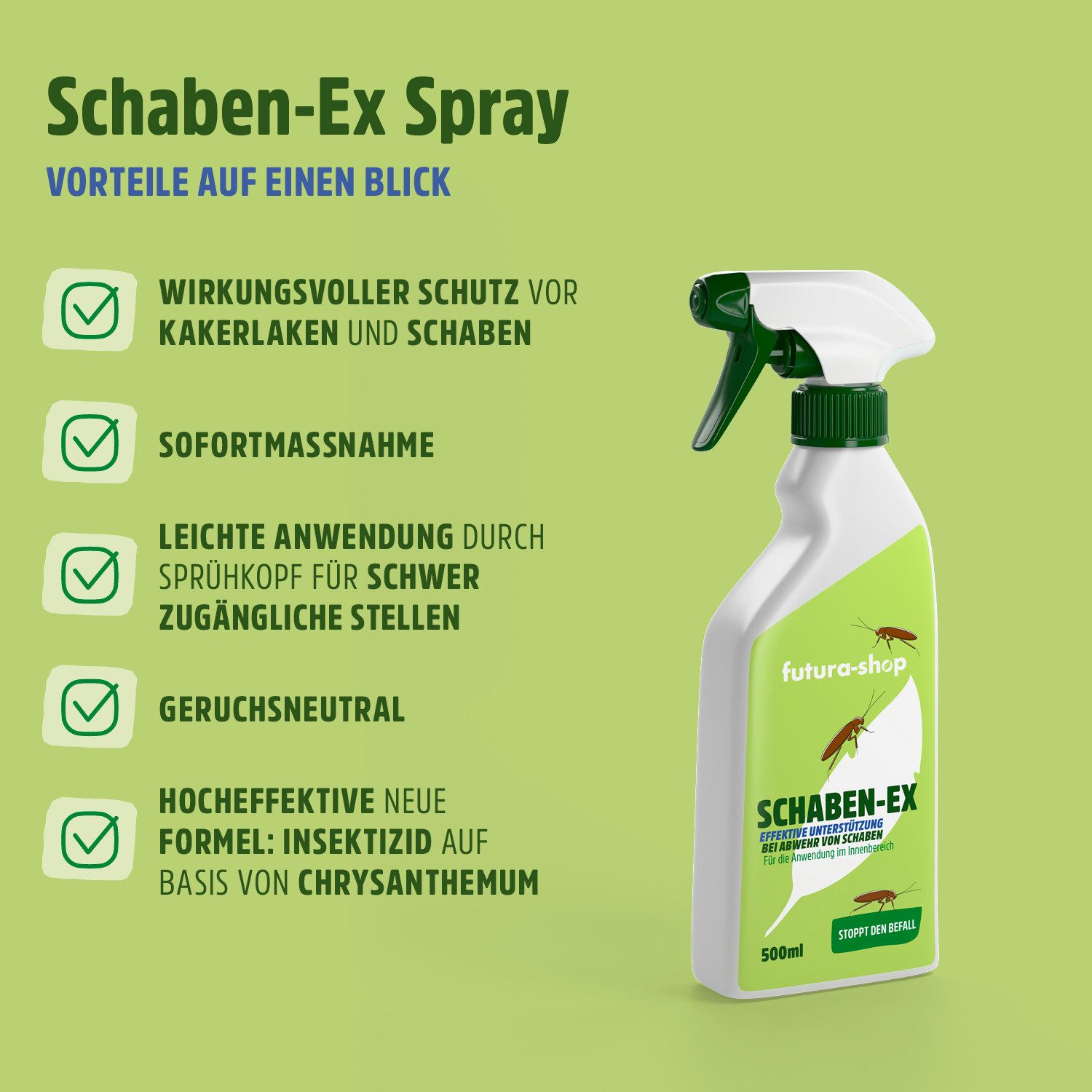 Futura-Shop Insektenspray Kakerlaken Spray, Schaben Spray - Alternative zu Kakerlaken Gel, 500 ml