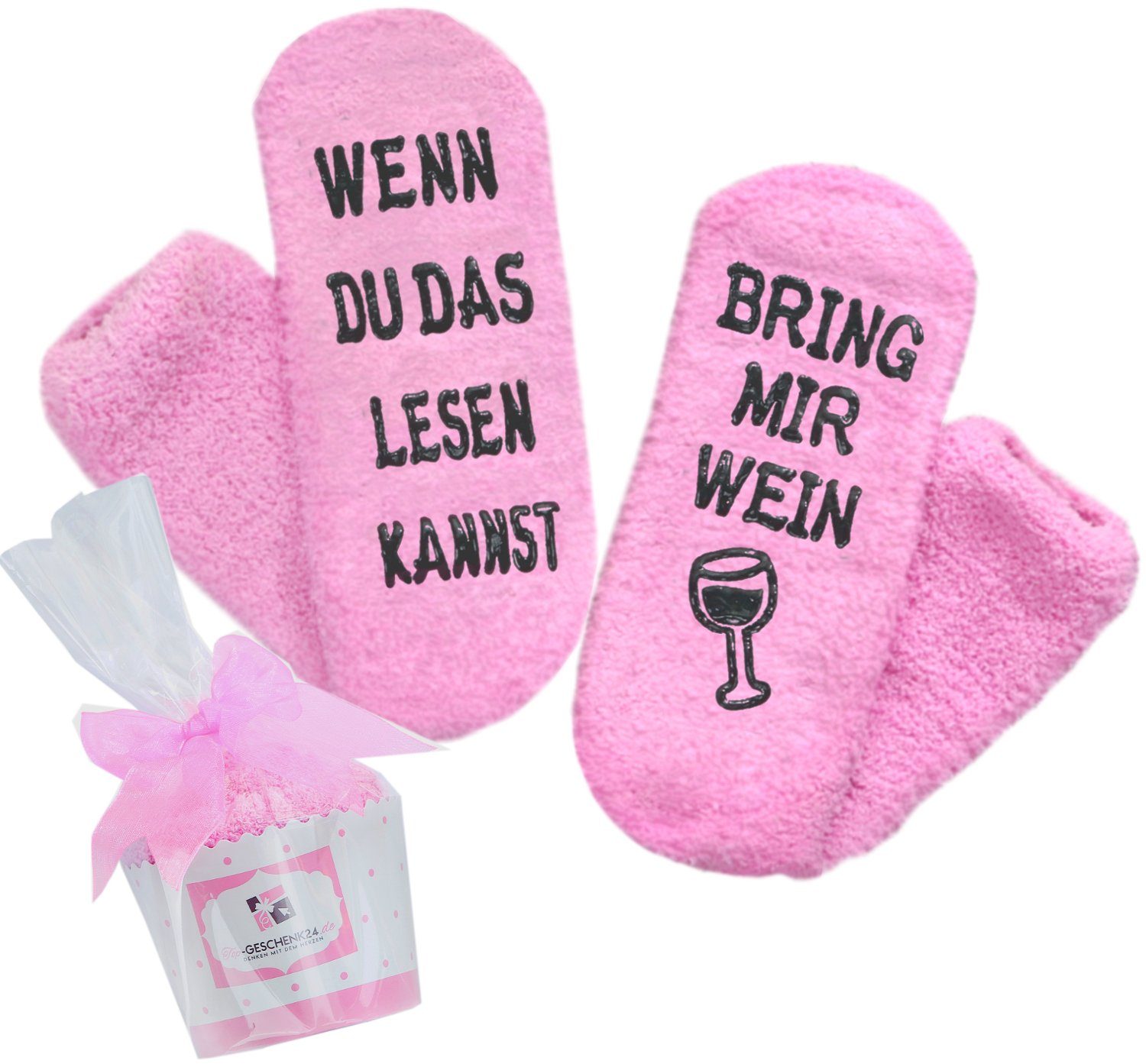 mit für Weihnachtsgeschenk das bring Geschenke Verpackung, Gr. rutschfest, (Cupcake kannst, 36-43, Frauen, mir Spruch, Kuschelsocken lesen Wein, du wenn Hellrosa 1 Paar) Lucadeau