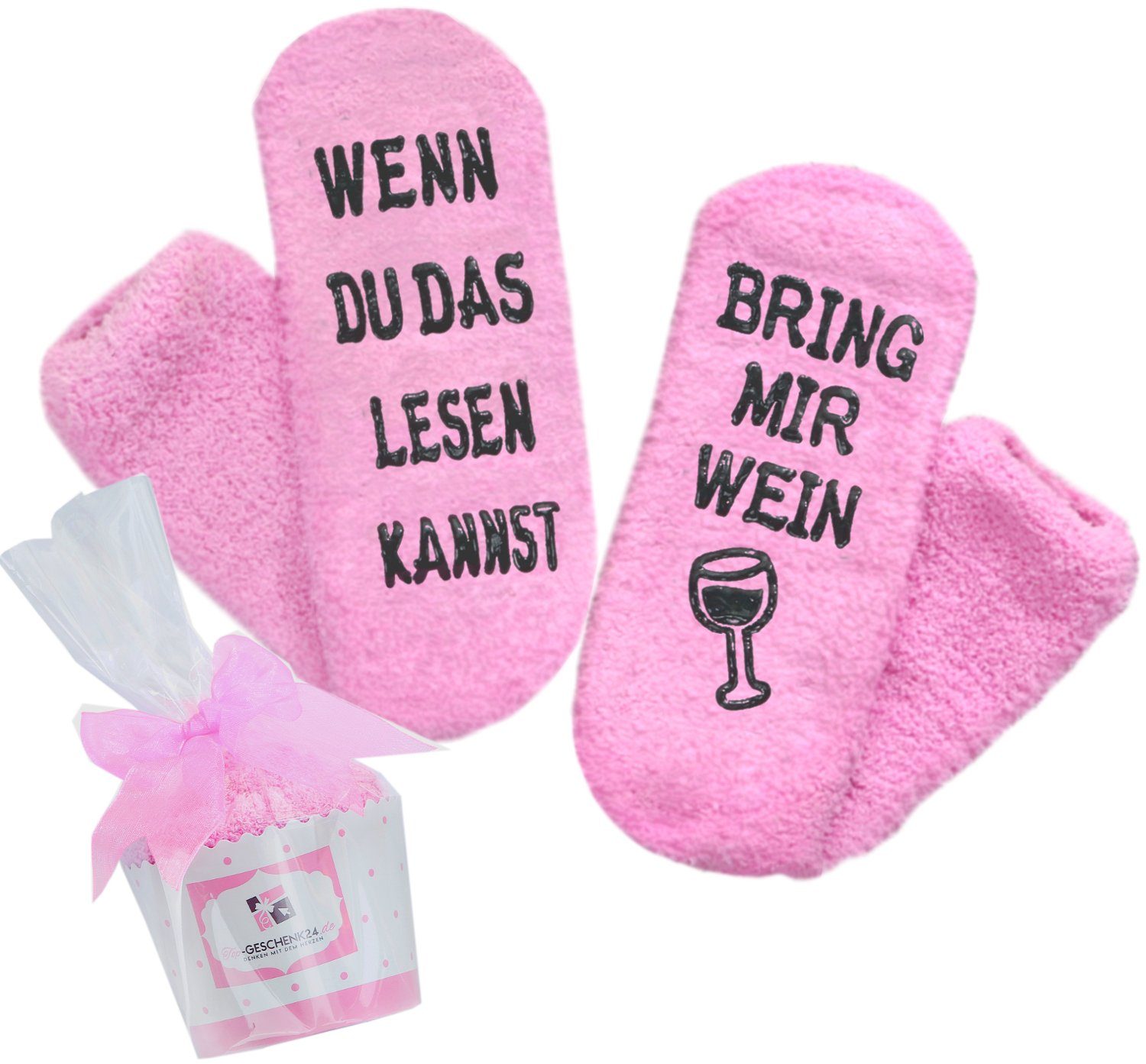 Lucadeau Kuschelsocken Geschenk für Frauen mit Wein Spruch, liebevoll als Cupcake verpackt (Gr. 37-43, 1 Paar) rutschfest, flauschig, Geschenkverpackung