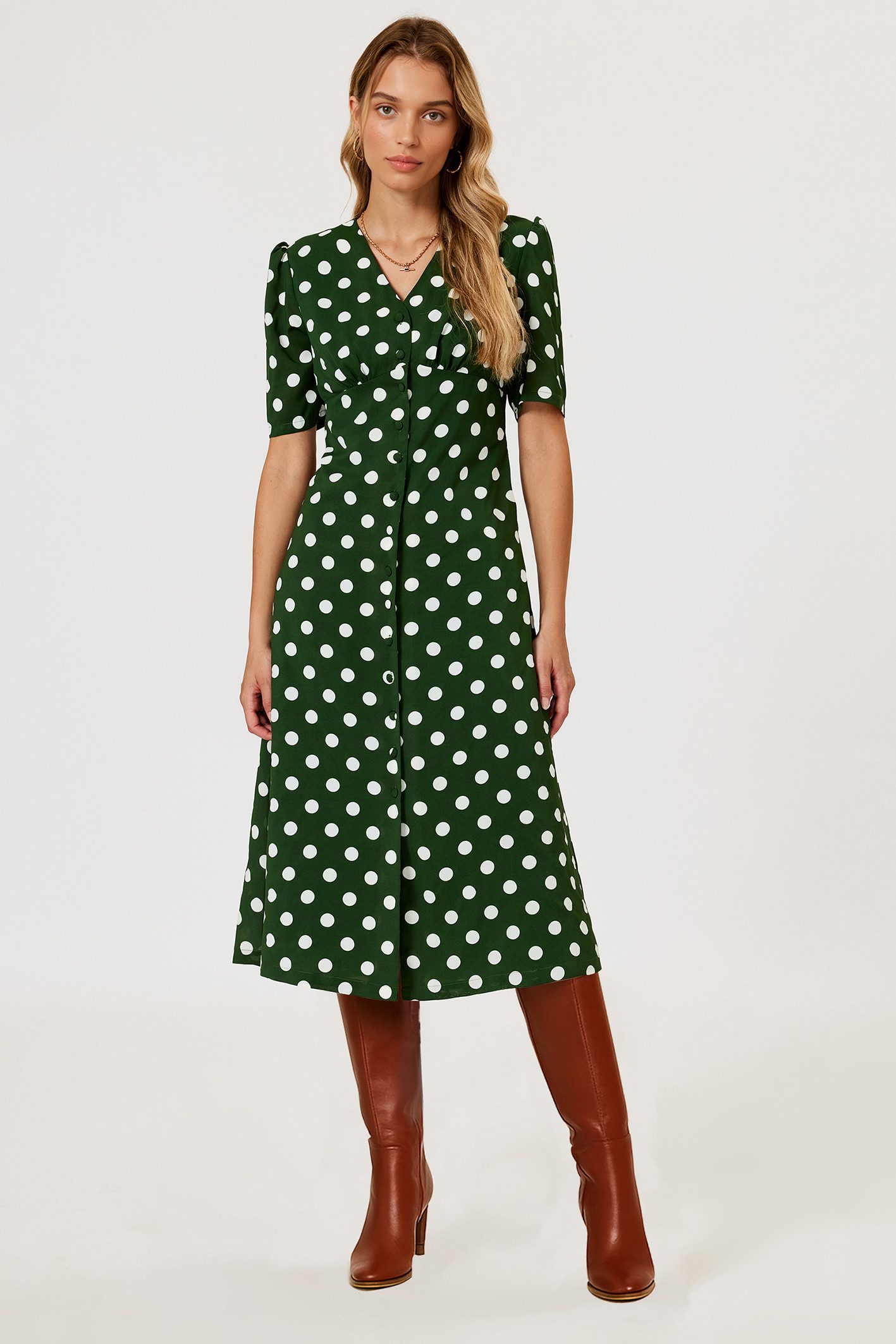 FS Collection Wickelkleid Damen Sommerkleid Freizeitkleid Wickelkleid Maxikleid V-Ausschnitt (XS (EU:36 / UK:8) · S (EU:38 / UK:10) · M (EU:40 / UK:12) · L (EU:42 / UK:14) · XL (EU:44 / UK:16), 4 Farben: Braun-Blau, Schwarz-Braun,Dunkelgrün gepunktet, Oliv-Schwarz) Wickeloptik, V-Ausschnitt, Bindegürtel, Flatterärmel