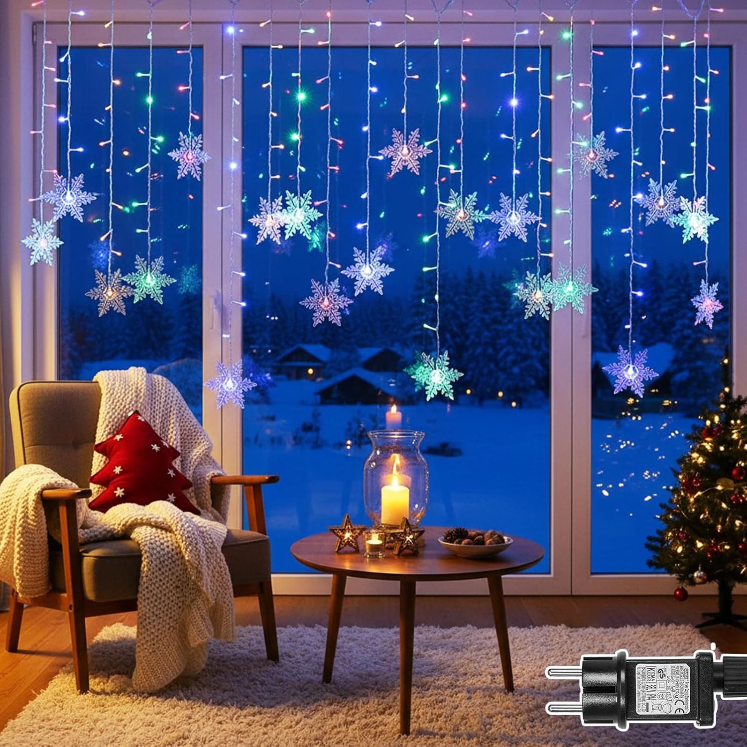 SERBASIC LED-Lichterkette Innen, LED Schneeflocke Lichtervorhang, Weihnachtsdeko, 8 Modi & Timer, Weihnachts Lichterkette für Fenster,Balkon & Innen/Außen Deko
