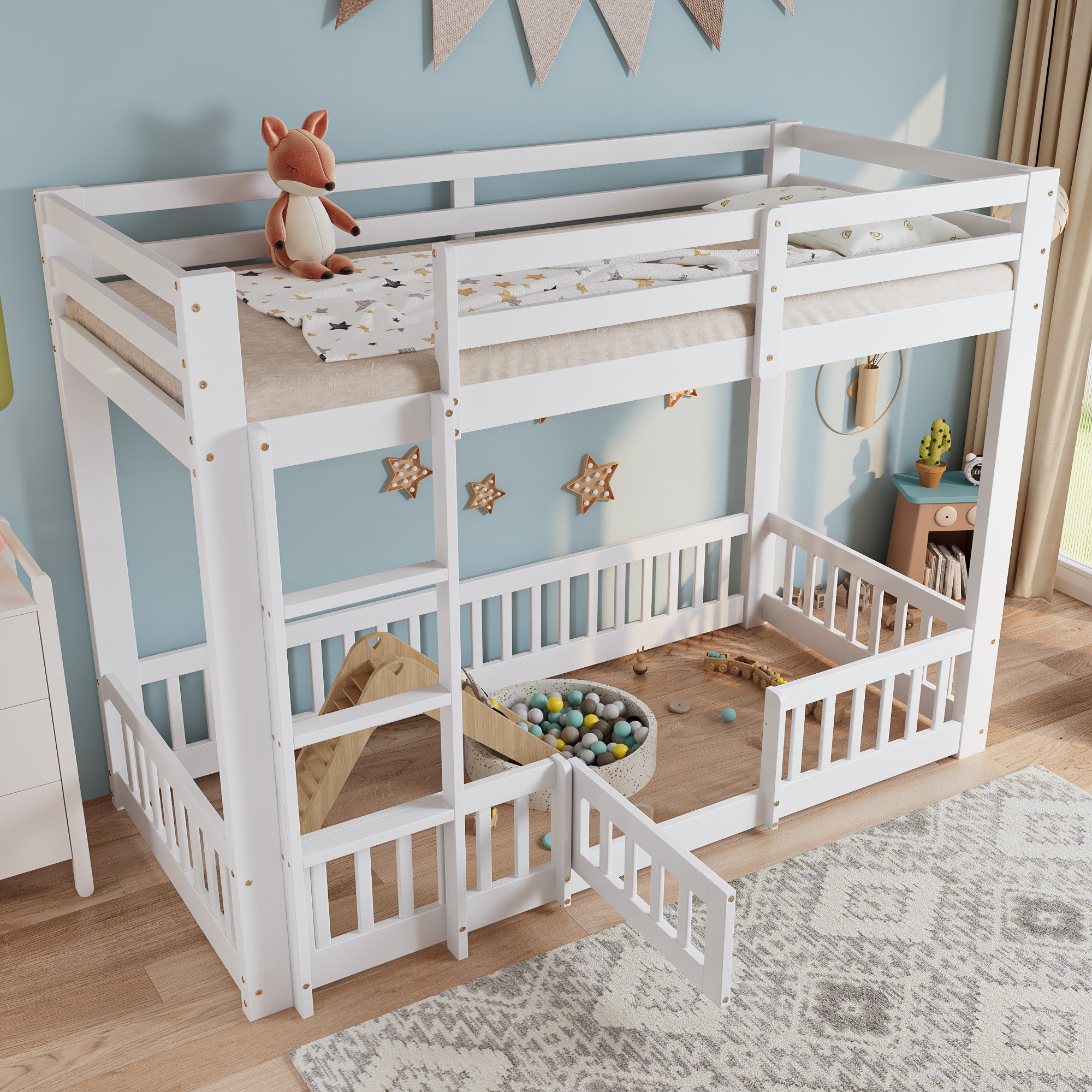 Merax Etagenbett 90x200cm mit Treppe und Zäune, Türchen und Gestaltungsraum (Jugendbett Einzelbett Hochbett), Kinderbett 90x200cm mit Tür, Geländer, Leiter & unterem Spielbereich