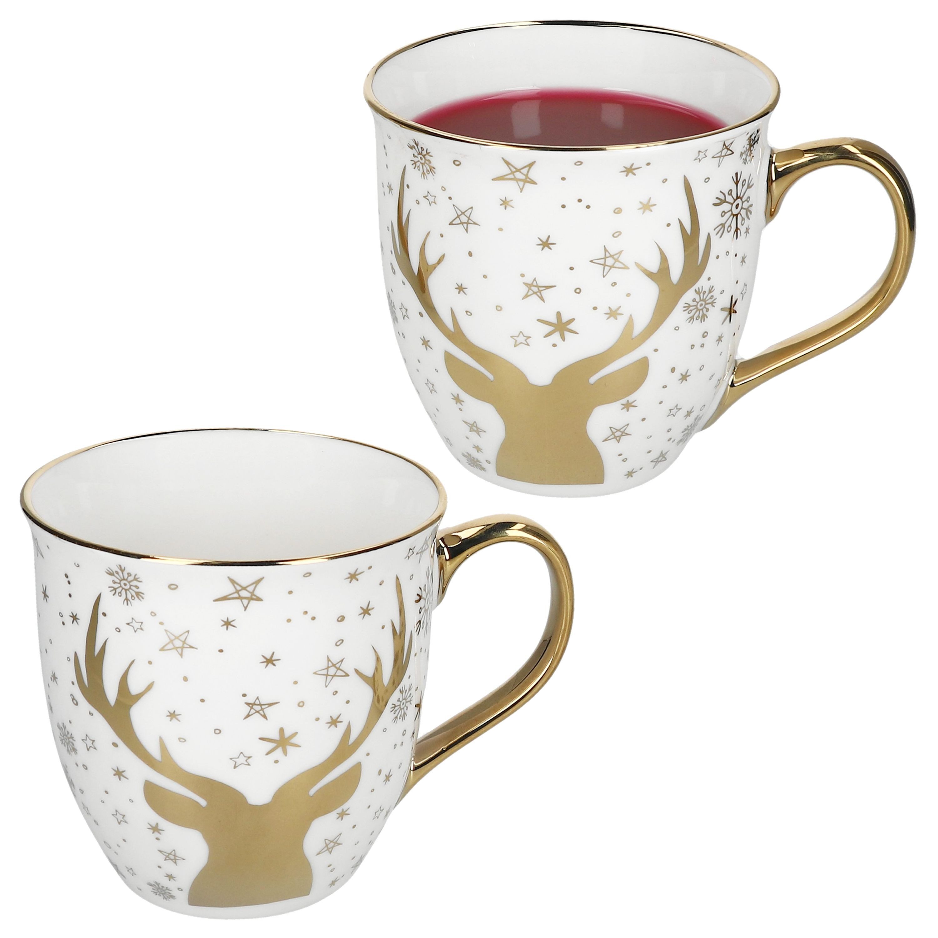 MamboCat Becher MamboCat 2er Set Jumbobecher Hirsch Goldrand Tee-Becher Kaffee, Porzellan