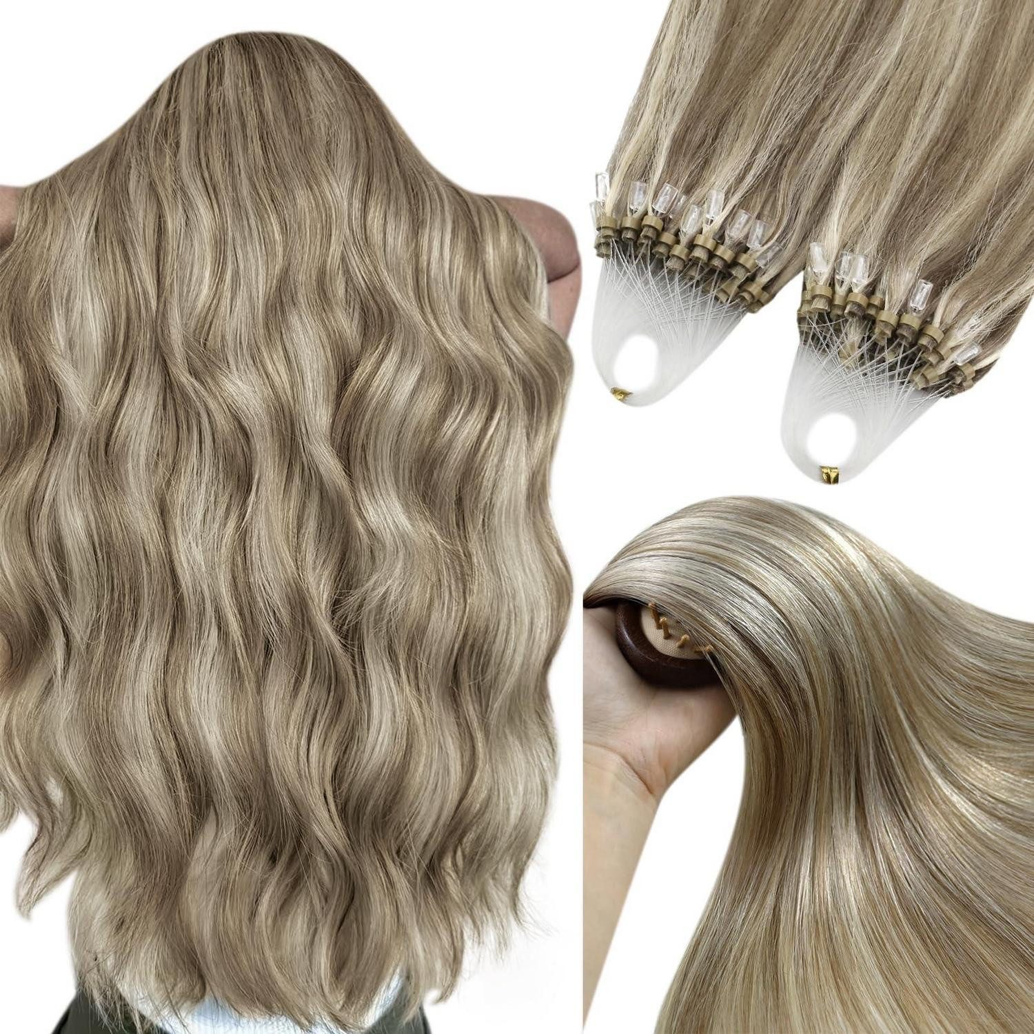 LuxusKollektion Echthaar-Extension Extensions Microring 50 cm-Micro 3-Micro-2-#Hellbraun Highlight Blond