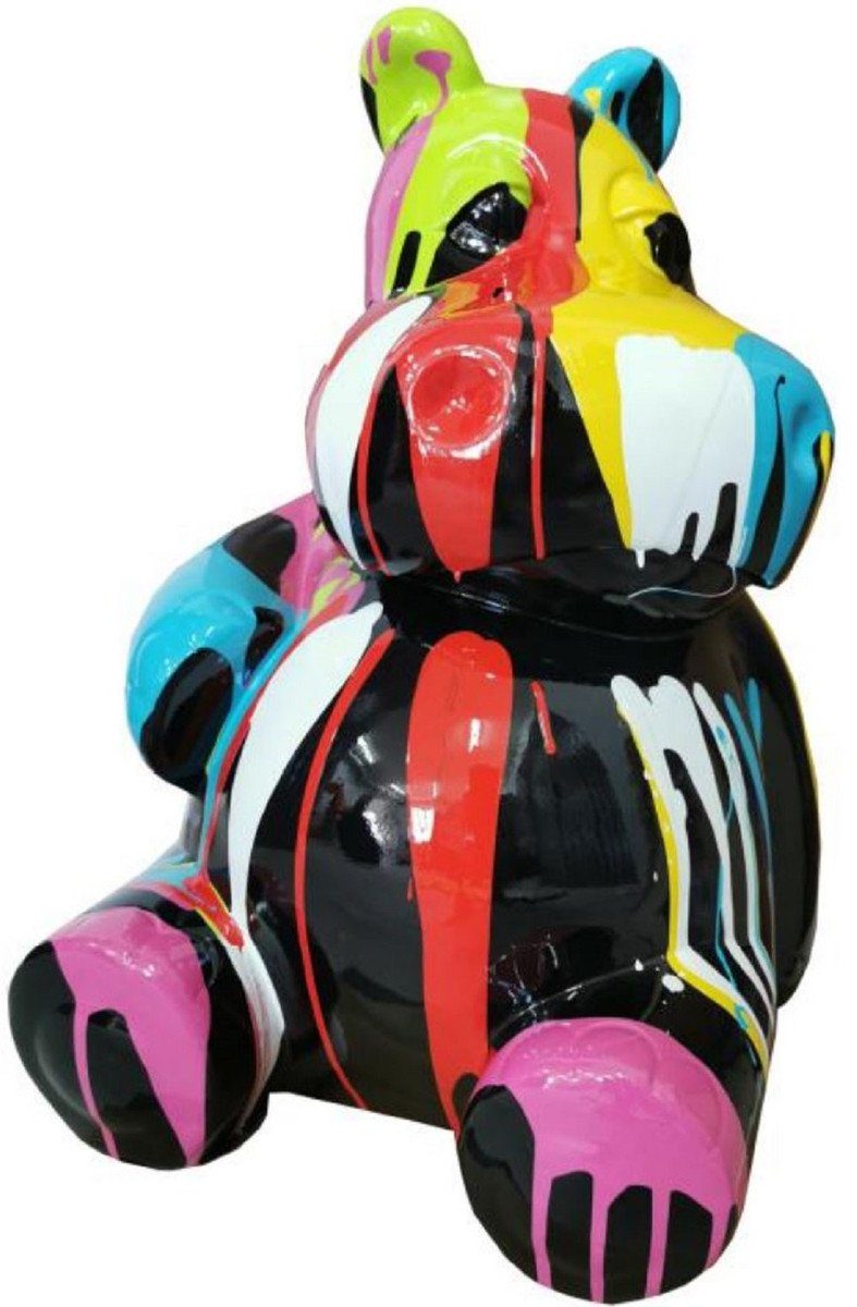 Skulptur Designer Deko Skulptur Sitzendes Nilpferd Schwarz / Mehrfarbig H. 48 cm - Wetterbeständige Deko Skulptur - Wohnzimmer Deko Figur - Garten Deko Figur - Deko Tierfigur - Deko Accessoires