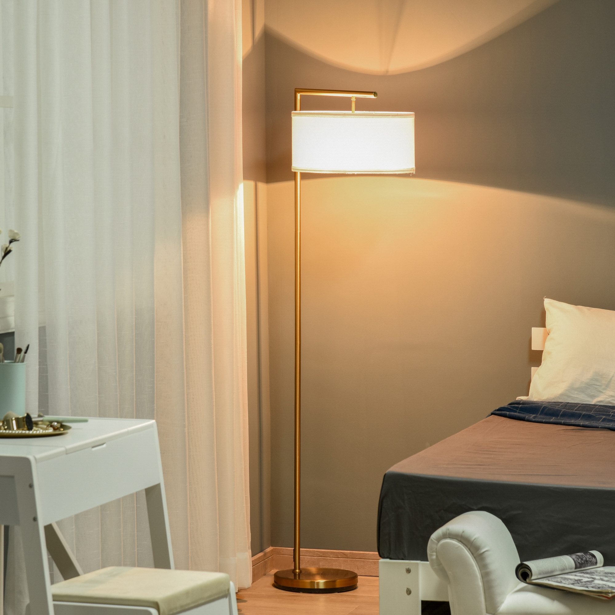 Blossom Stehlampe Standleuchte Stehleuchte E27 Sockel Stahl Leinen, Leselampe für Wohnzimmer, Schlafzimmer, Büro, Esszimmer, Gold Weiß – Bild 4 von 5