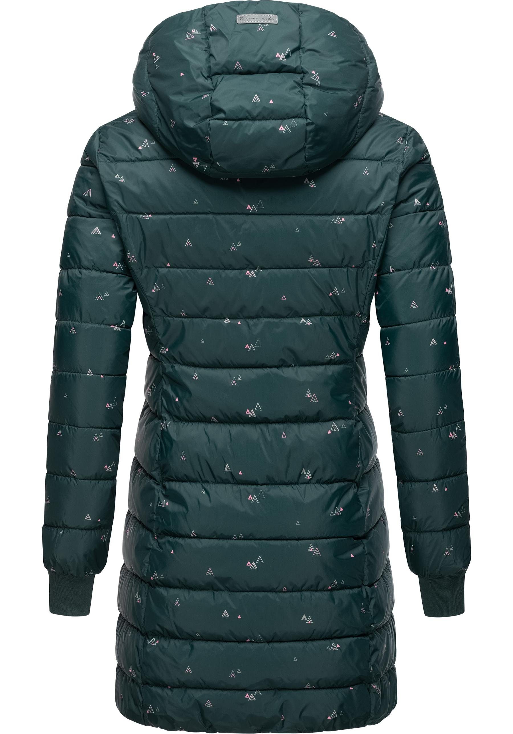 Gemusterte Steppjacke dunkelgrün Kapuze Winterjacke Long mit Tiasa Ragwear