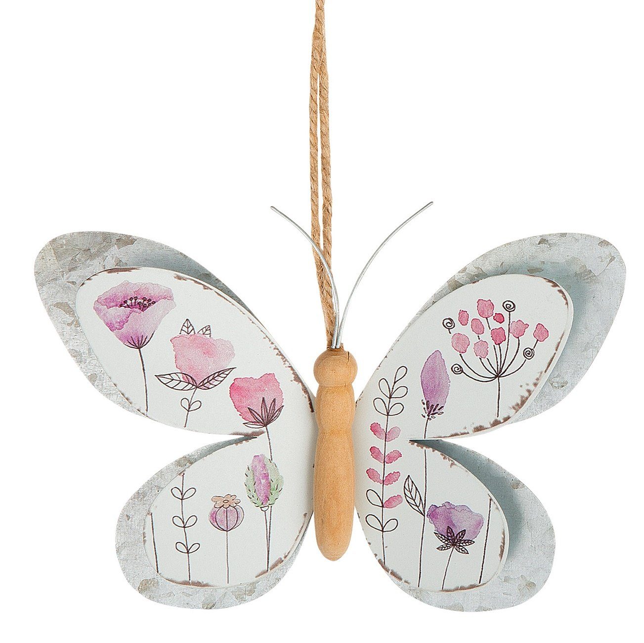 dekojohnson Hängedekoration Metall-Hänger-Schmetterling grau rosa 10x1x15cm