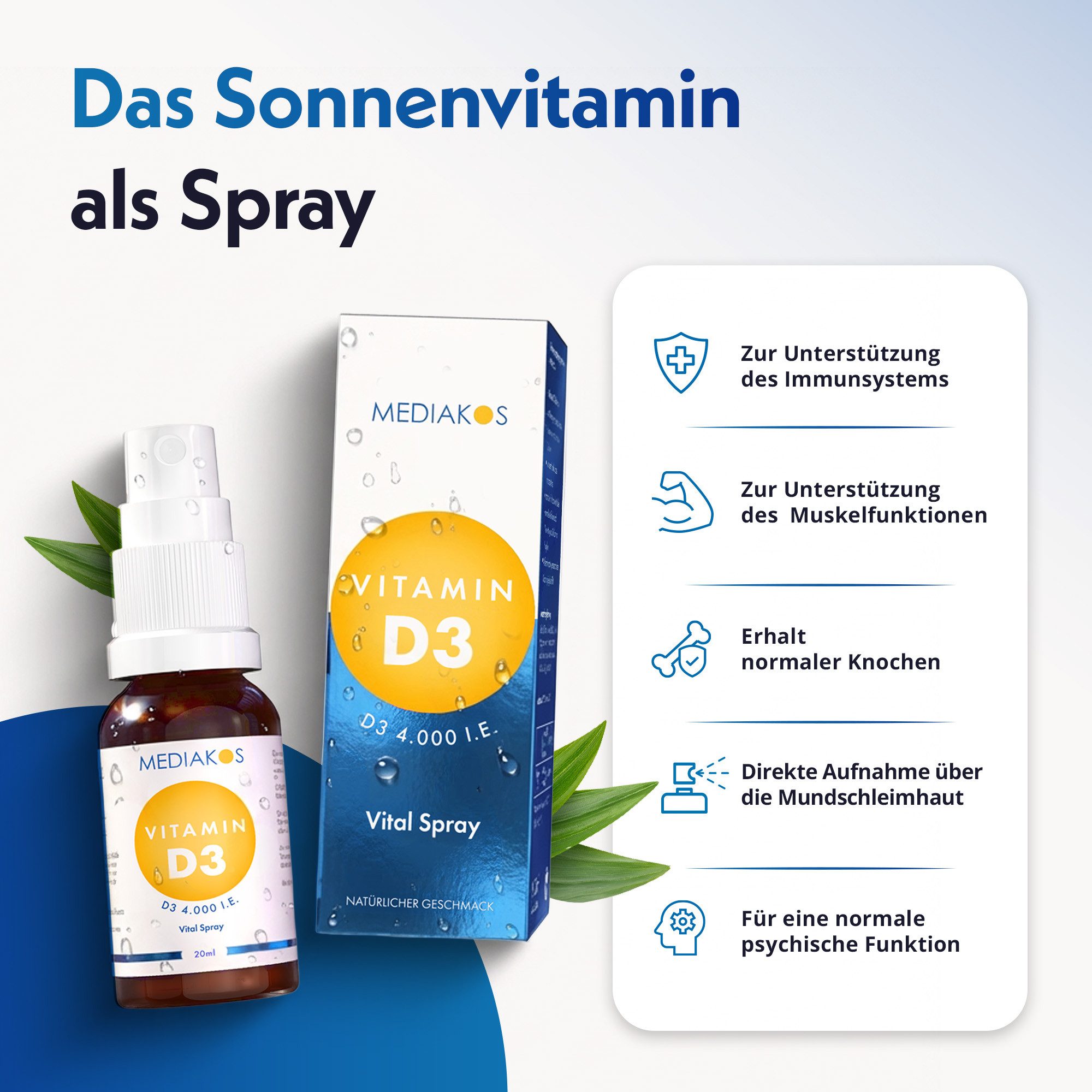 Mediakos Mediakos Vitamin D3 4.000 I.E. Vital Spray, für Immunsystem, Knochen, Zähne und Muskeln – Geschmacksneutral & Ohne Zucker! à 20 ml