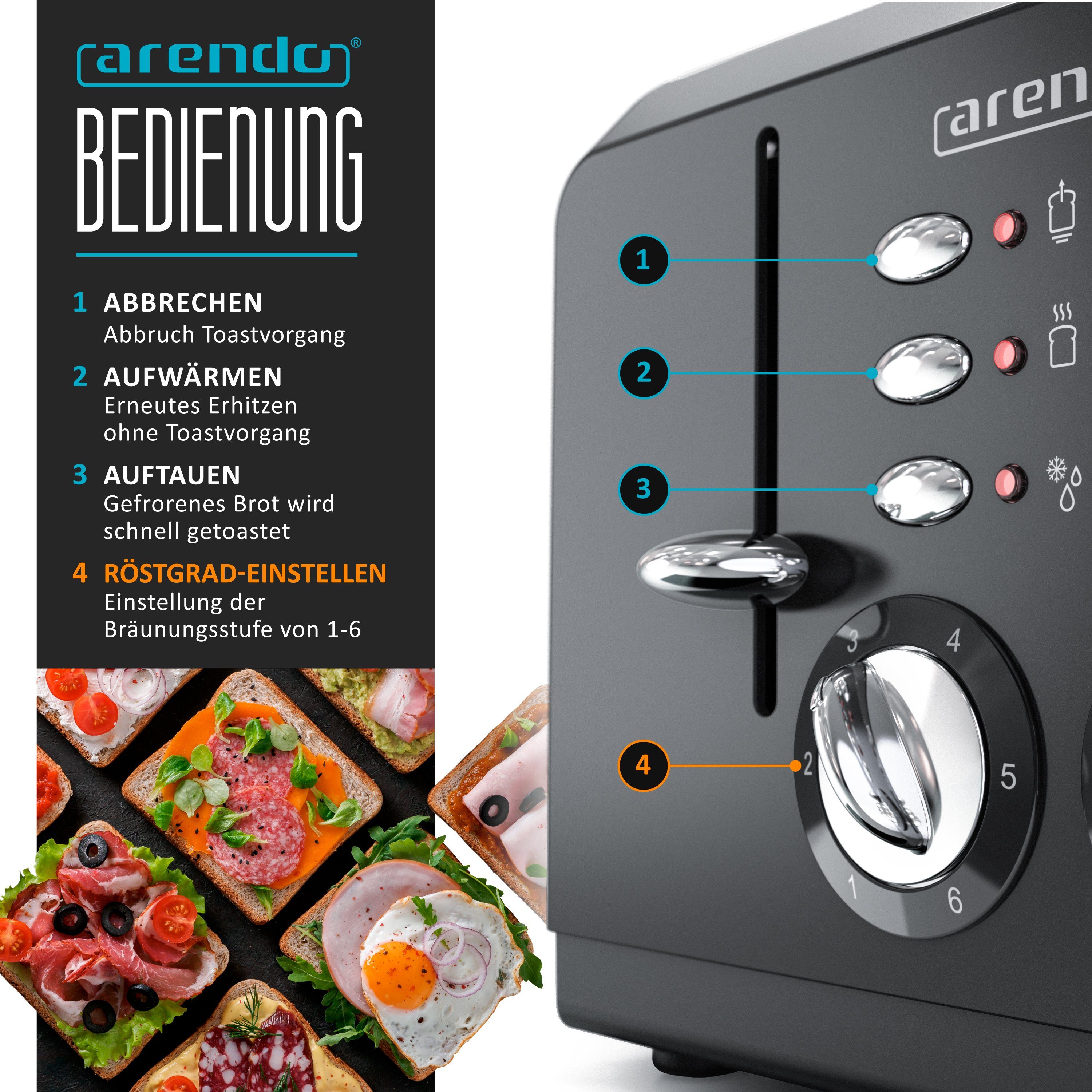 Arendo Toaster 4-Scheiben, Edelstahl Automatik, Wärmeisolierendes Doppelwandgehäuse, 4 kurze Schlitze, für 4 Scheiben, 1630 W, Bräunungsgrad 1-6, Aufwärm- & Auftaufunktion, GS-zertifiziert